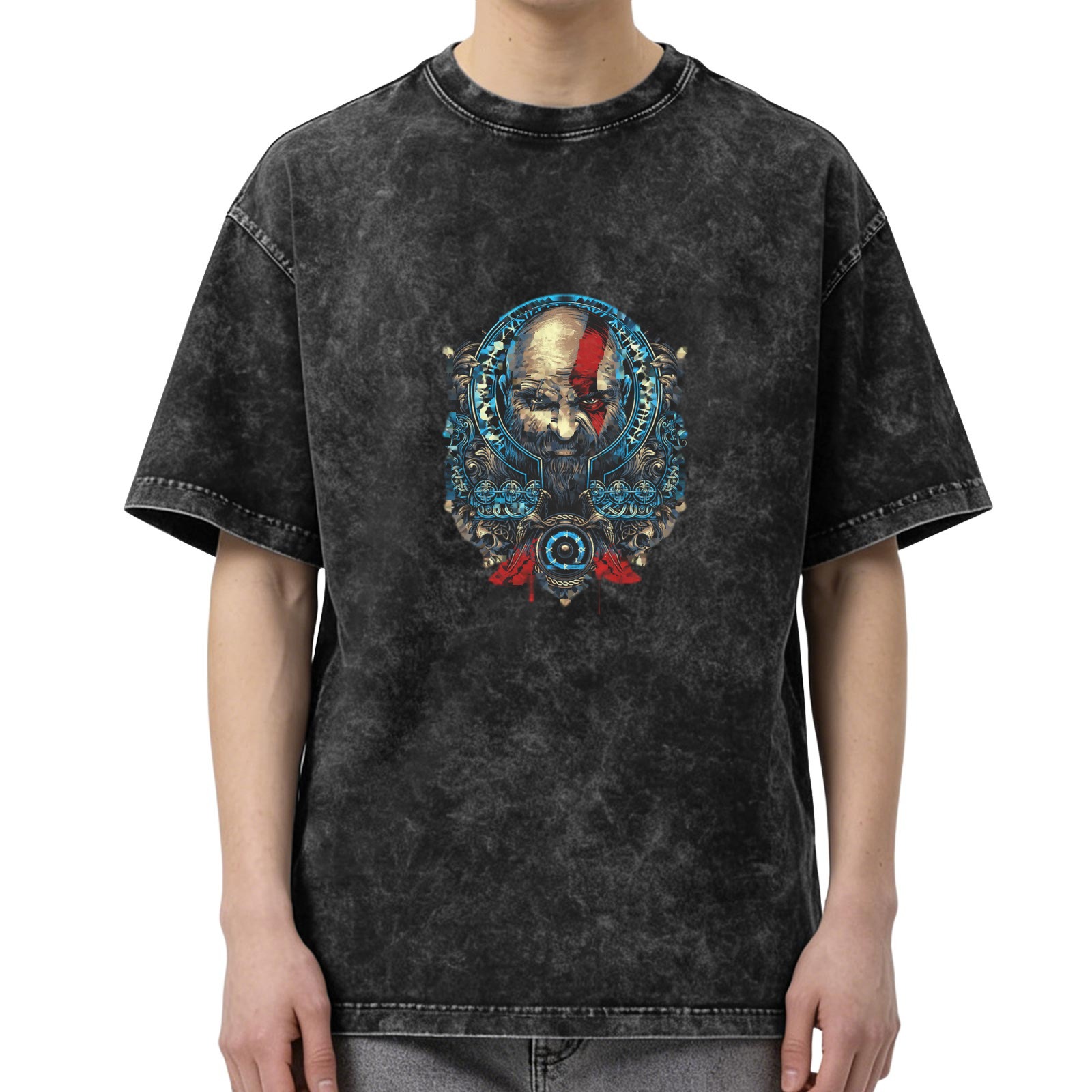 Washed Black Graphic T-Shirt with Kratos Art Print