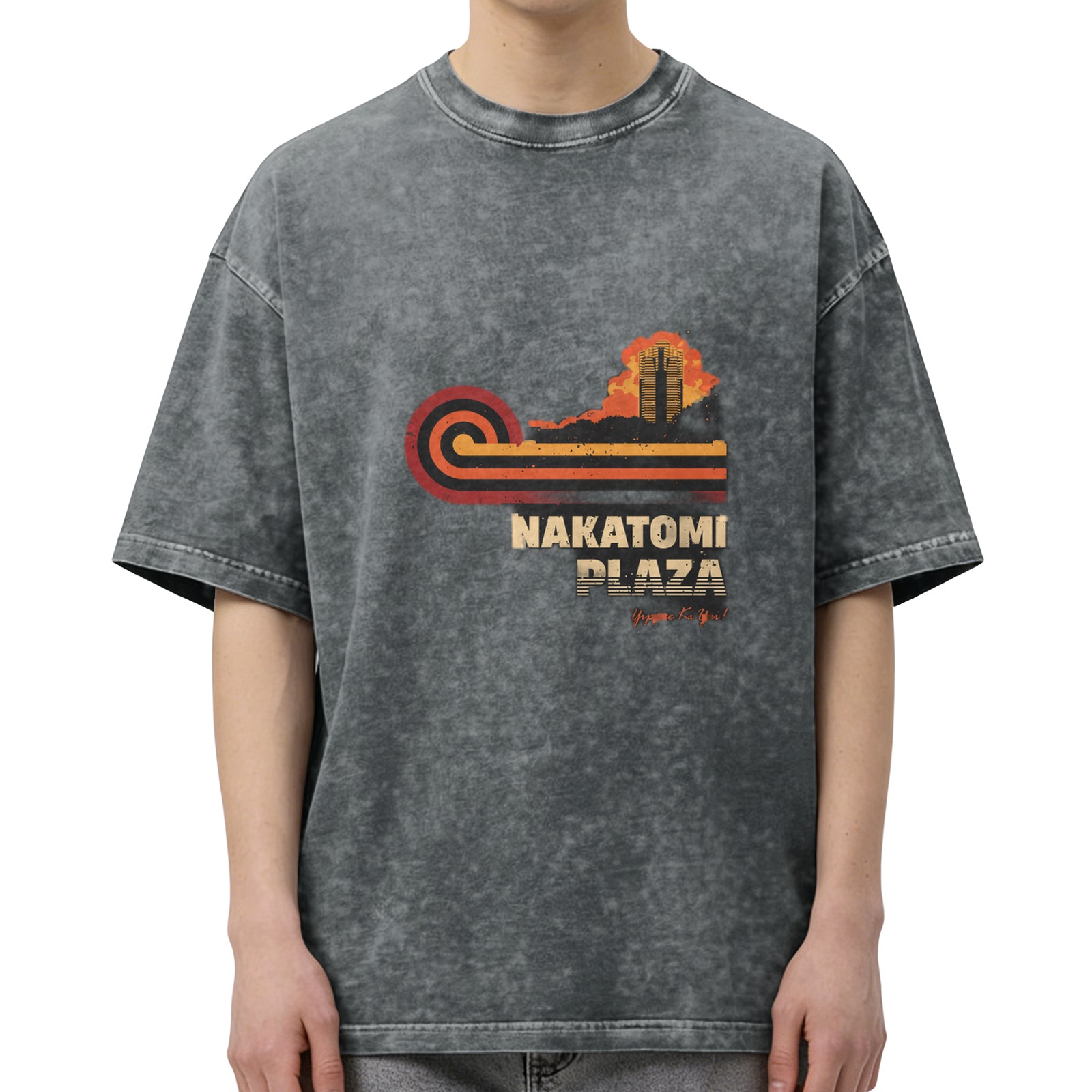 Nakatomi Plaza retro printed distressed washed black loose short-sleeved T-shirt