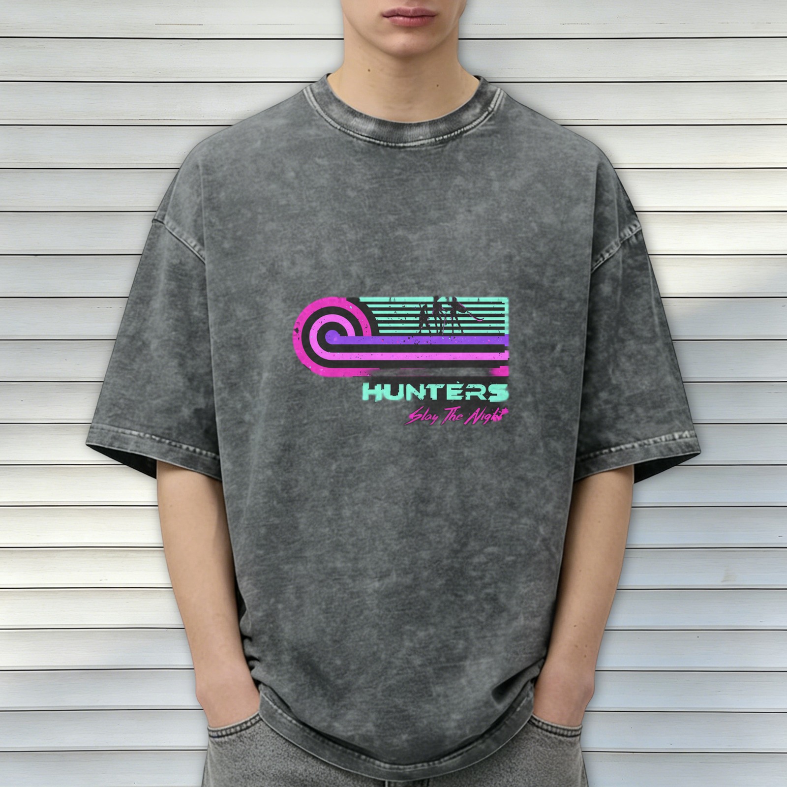 Washed Black T-Shirt with Retro Hunters Slay The Night Graphic