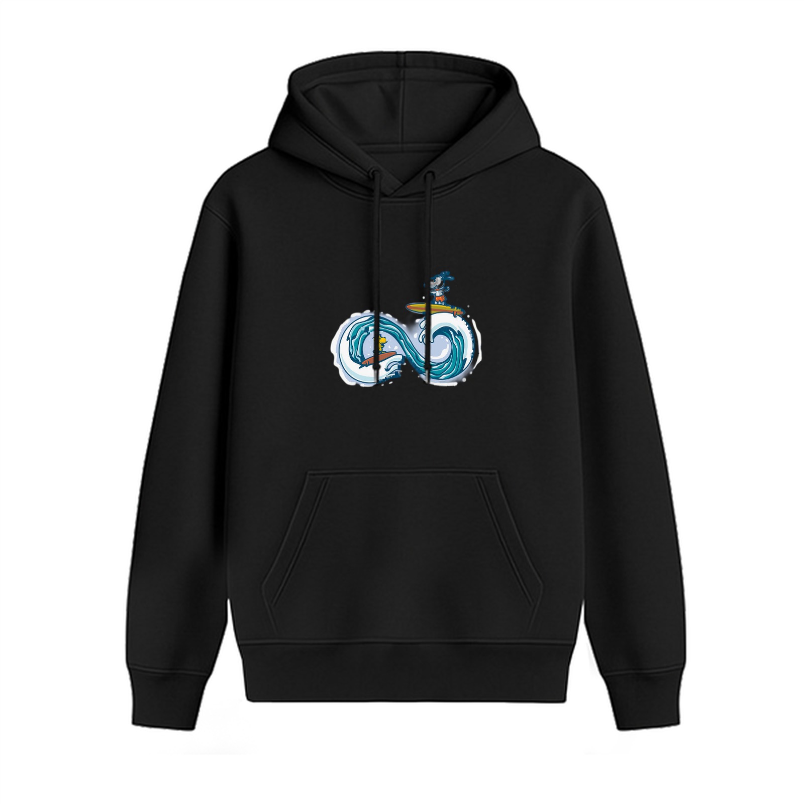Black Hoodie With Infinity Wave Surfing Graphic Print