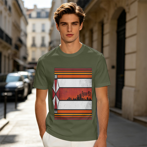 Olive T-Shirt With Retro Striped City Skyline Graphic Print