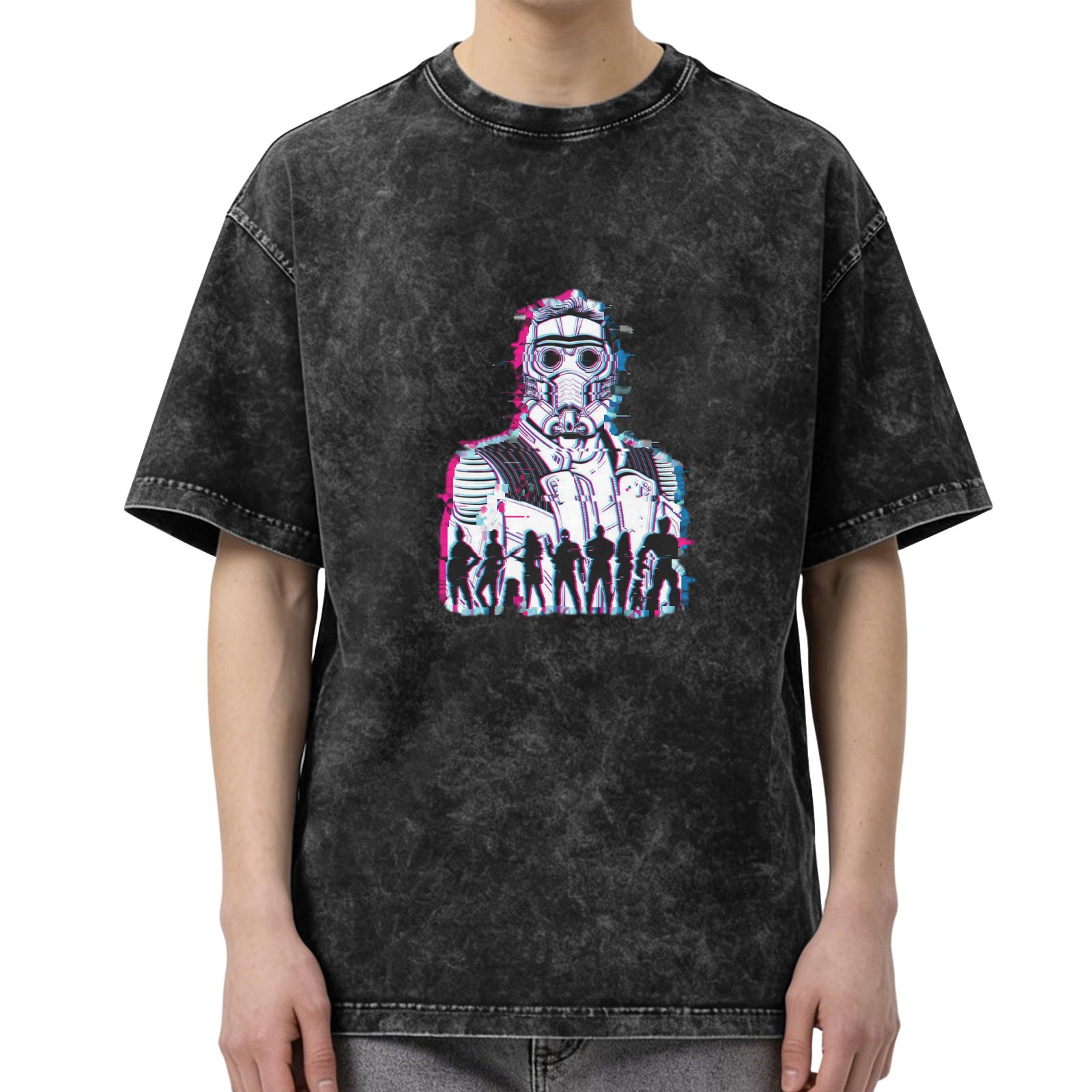 Washed black graphic t-shirt with glitch space team character print