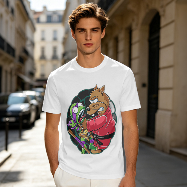 Olive T-shirt with Splinter Grabbing Donatello Ninja Turtle Art