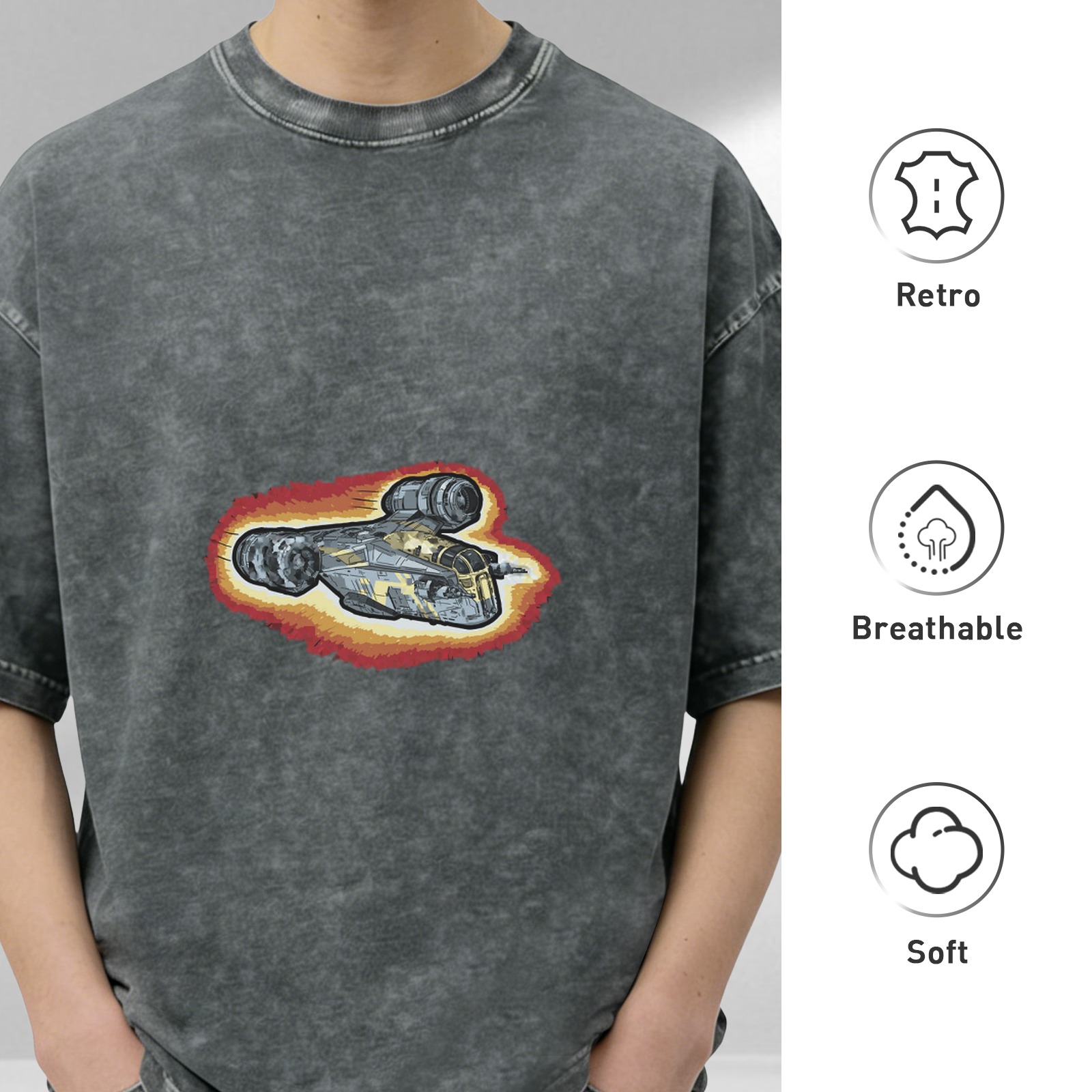 Oversized Acid Wash T-Shirt With Flying Spaceship Graphic