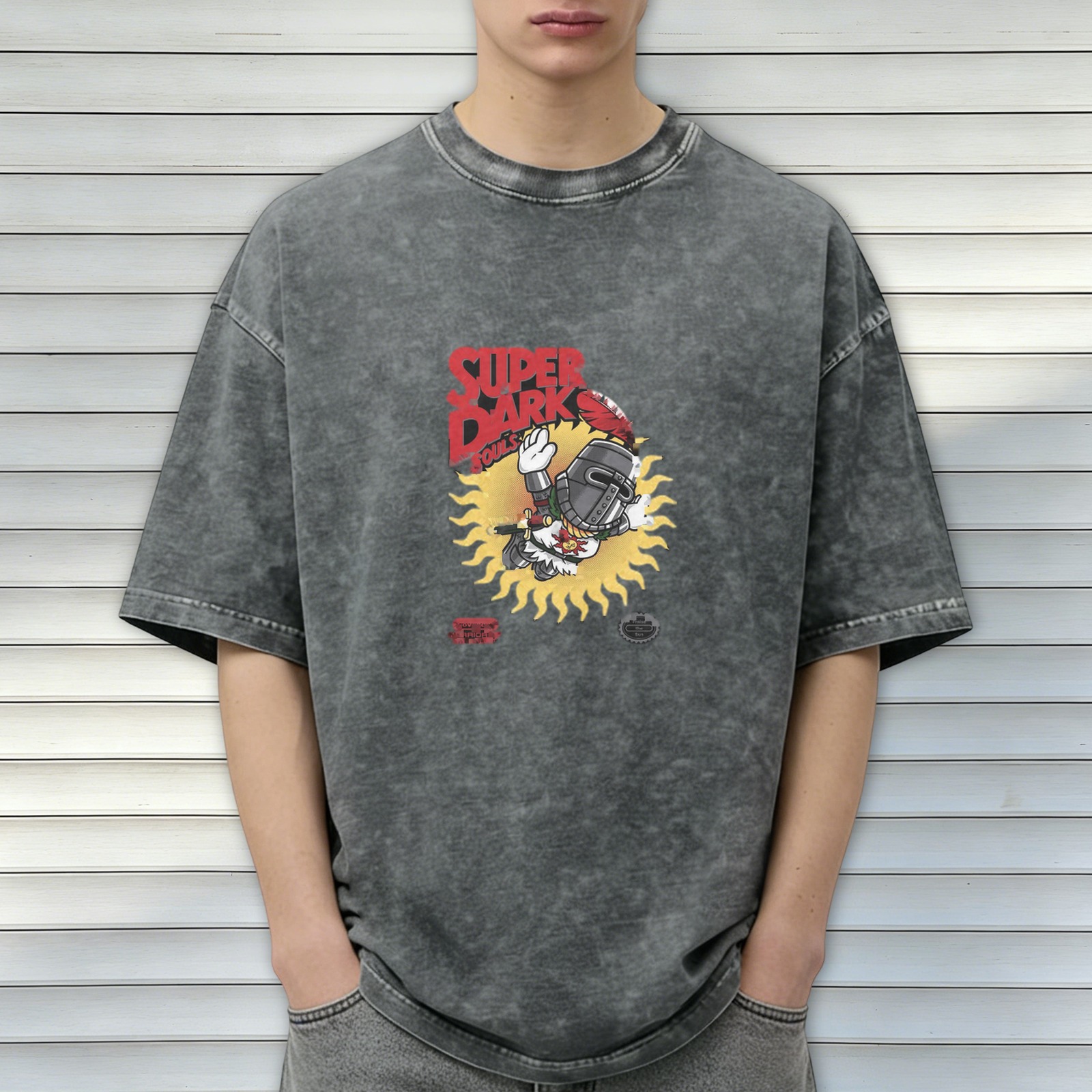 Distressed washed black loose short-sleeved T-shirt Game themed print Dark Souls Sun Knight design