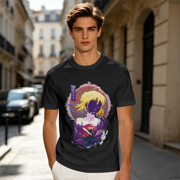Olive green anime graphic t-shirt with Saber character print