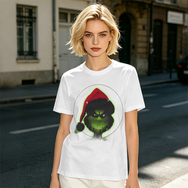 Olive Green T-Shirt With Grinch Wearing Santa Hat Graphic