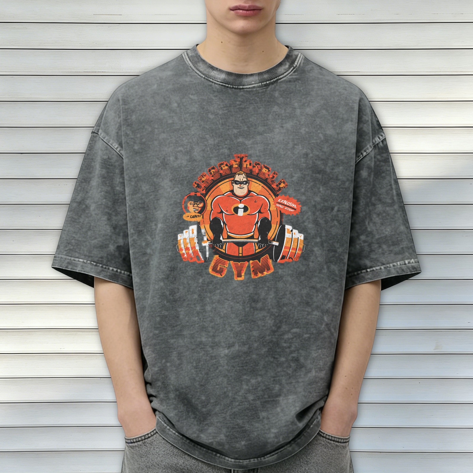 Washed black t-shirt with Incredibles gym weightlifting graphic