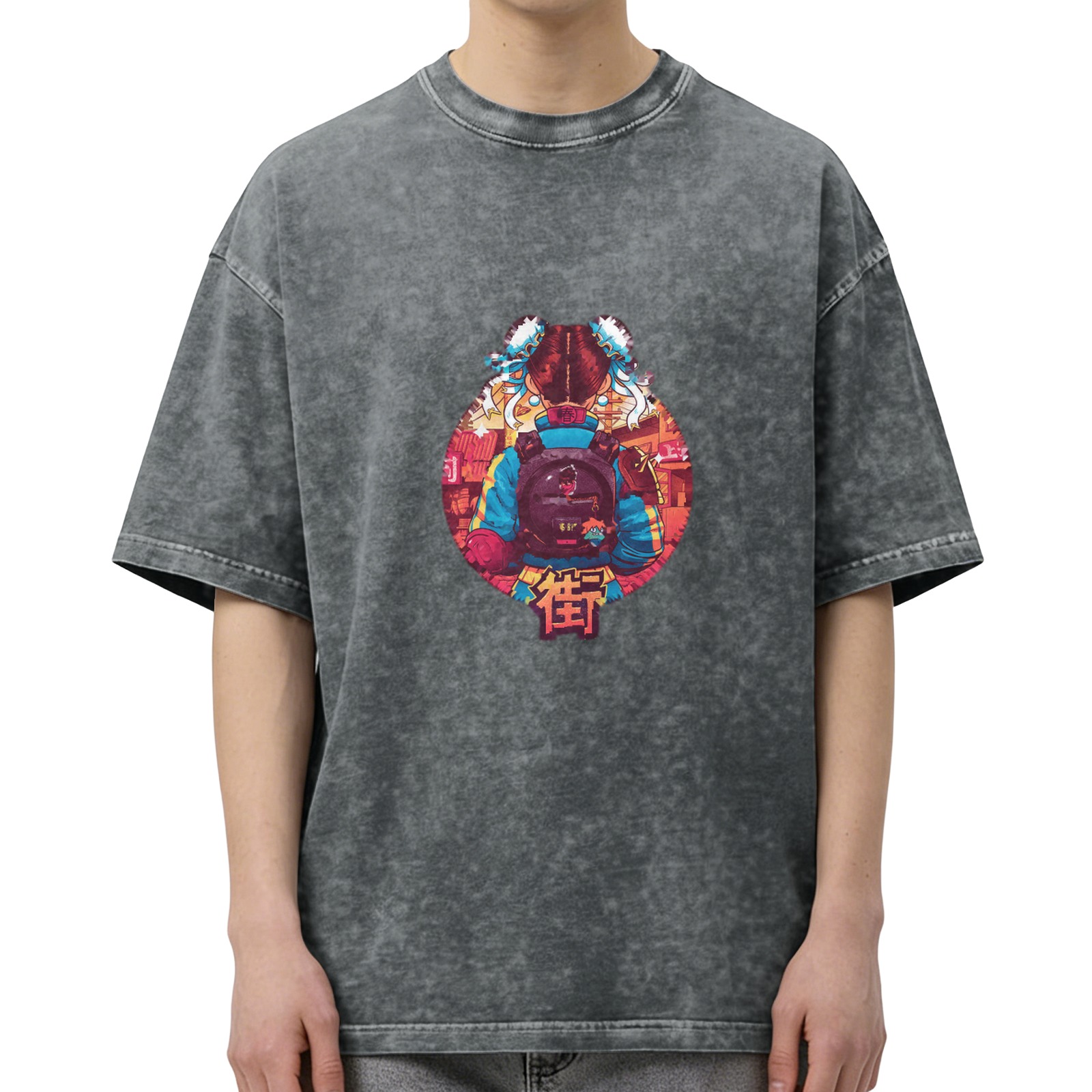 Washed Black Oversized T-Shirt with Japanese Anime Graphic Print