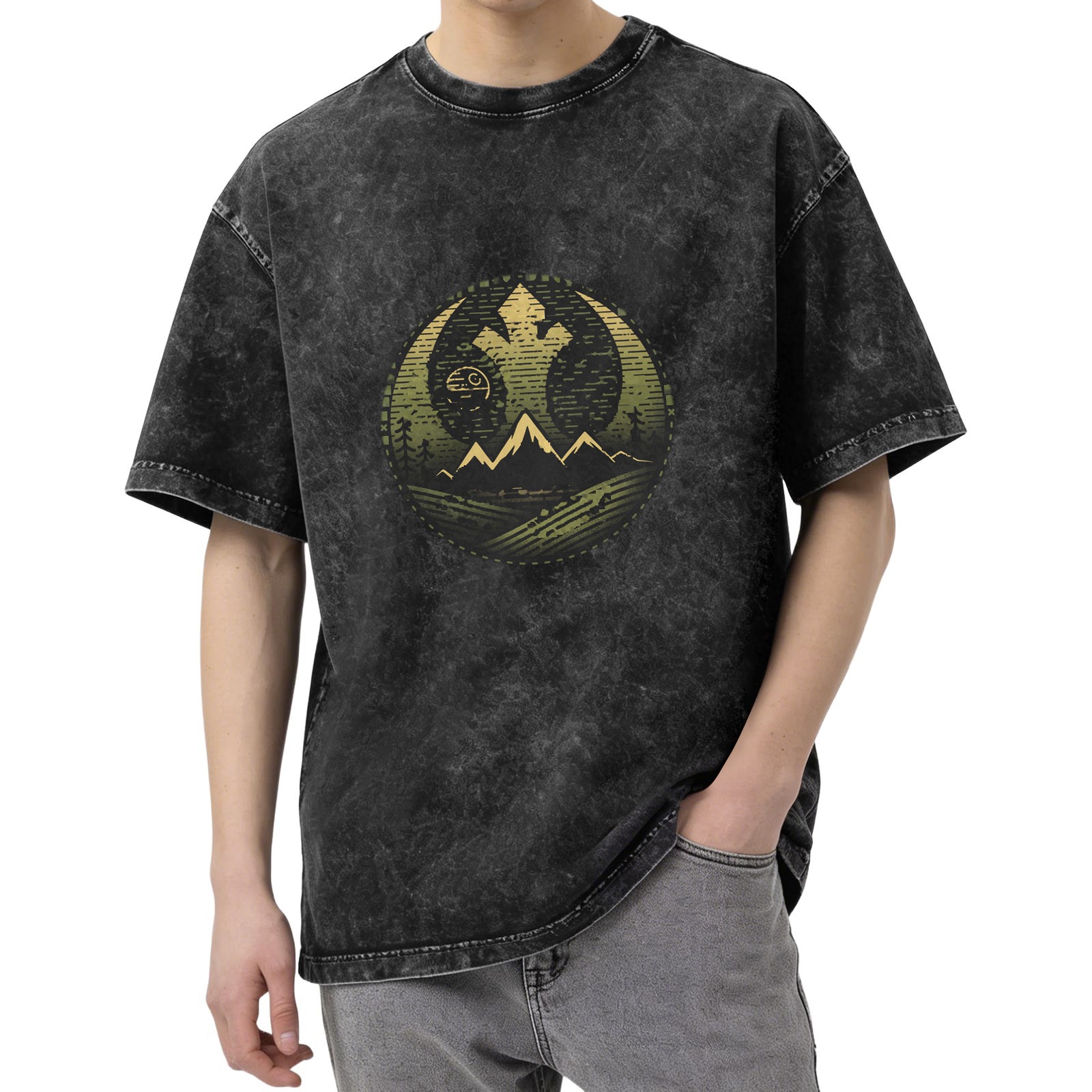 Star Wars Yin Yang Rebel Empire Mountain Graphic Acid Wash Oversized T-Shirt