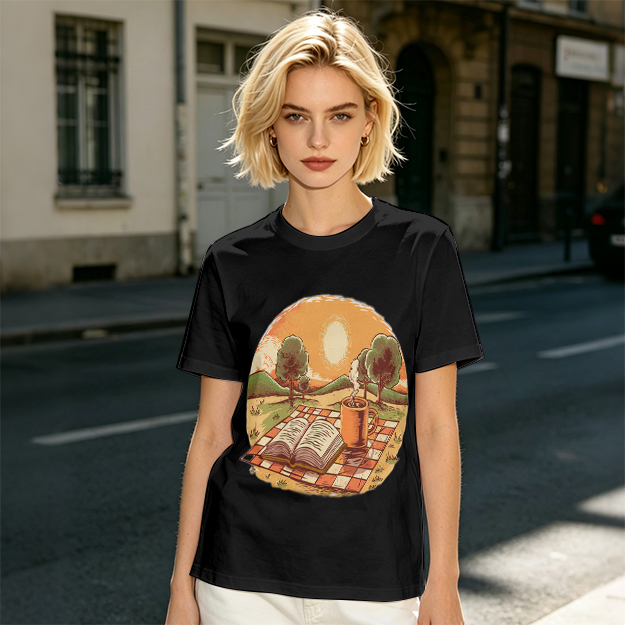 Olive T-Shirt with Sunset Picnic Book and Coffee Art