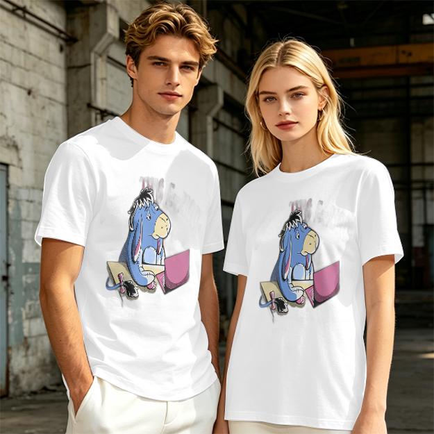 Olive T-Shirt Featuring Eeyore Using a Laptop
