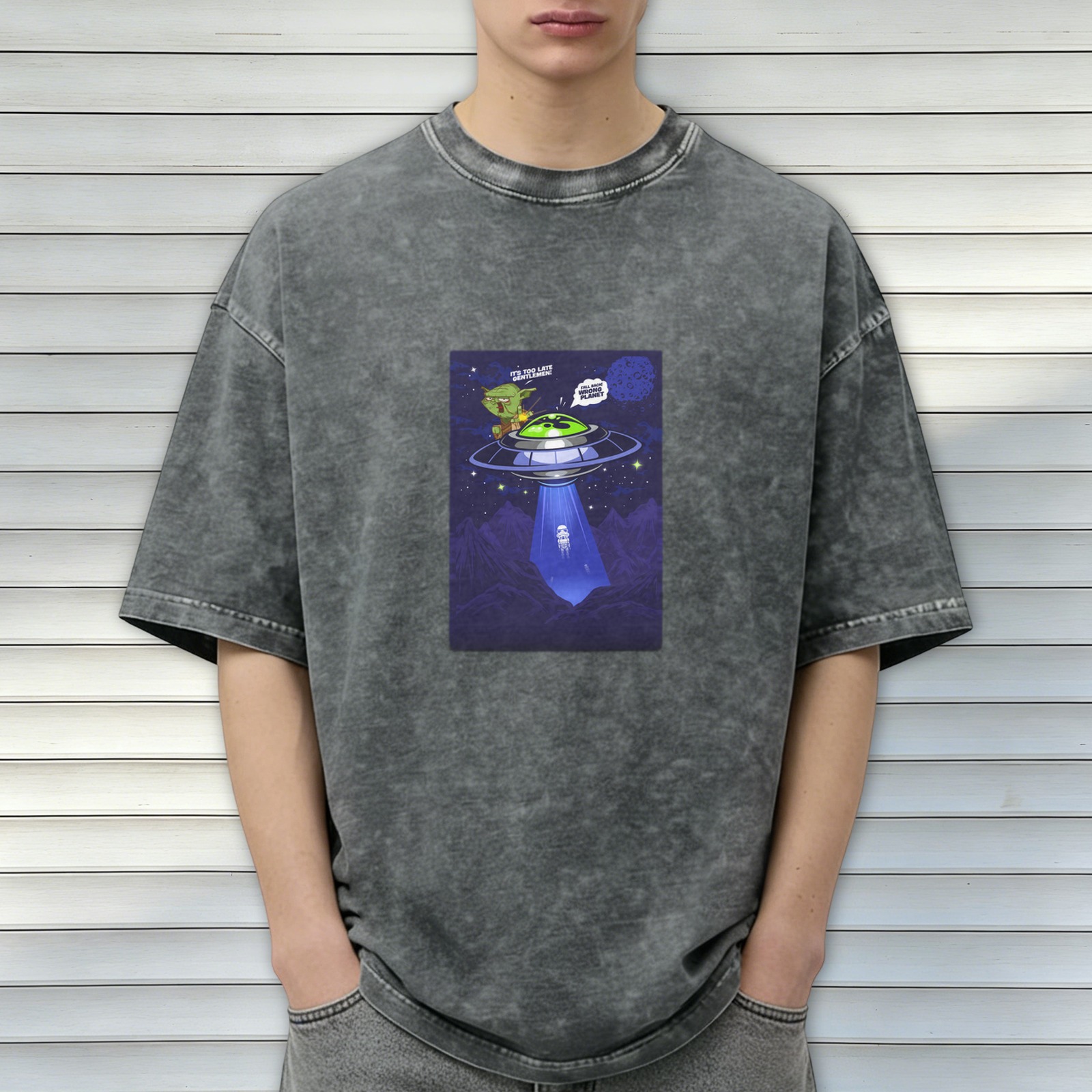 Oversized acid wash t-shirt with alien UFO abduction graphic