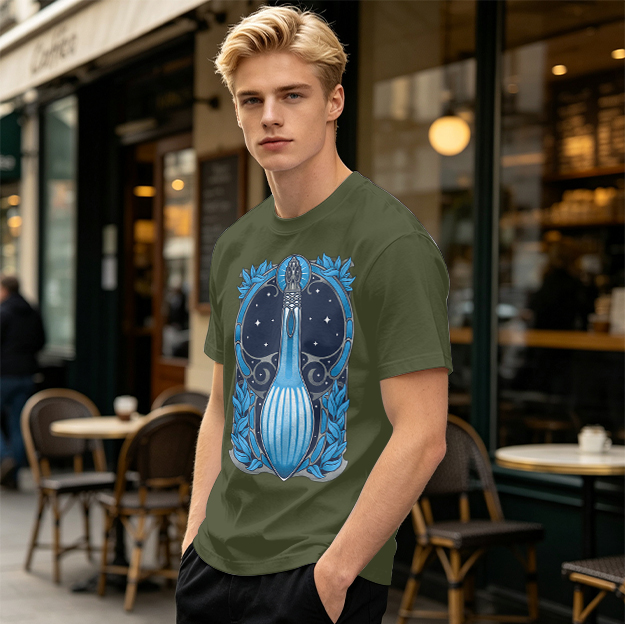 Olive T-Shirt With Art Nouveau Celestial Lute Graphic Print