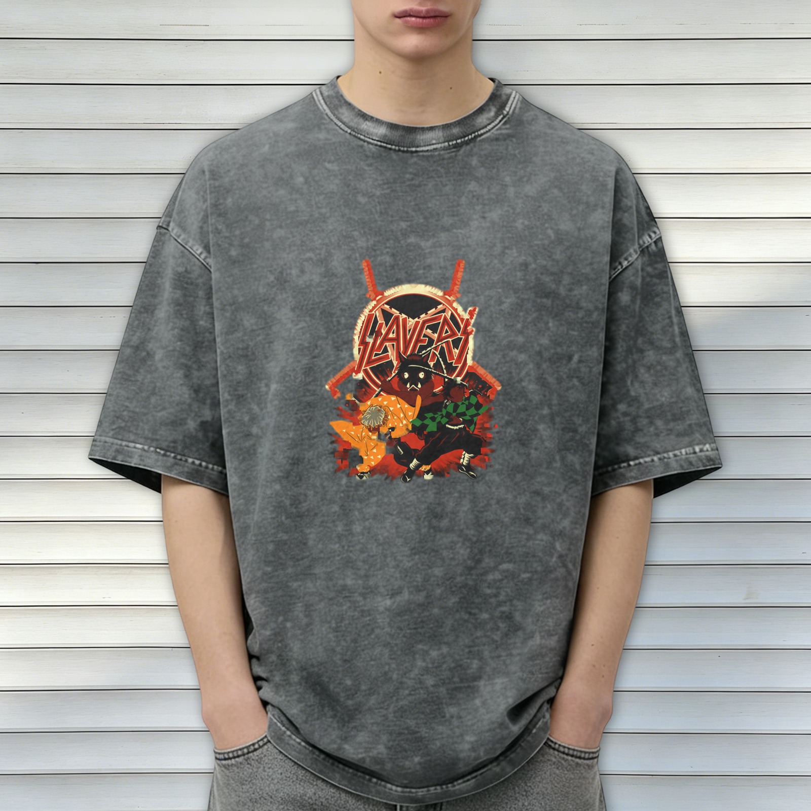 Washed Black Anime Demon Slayer Slayer Band Graphic T-Shirt