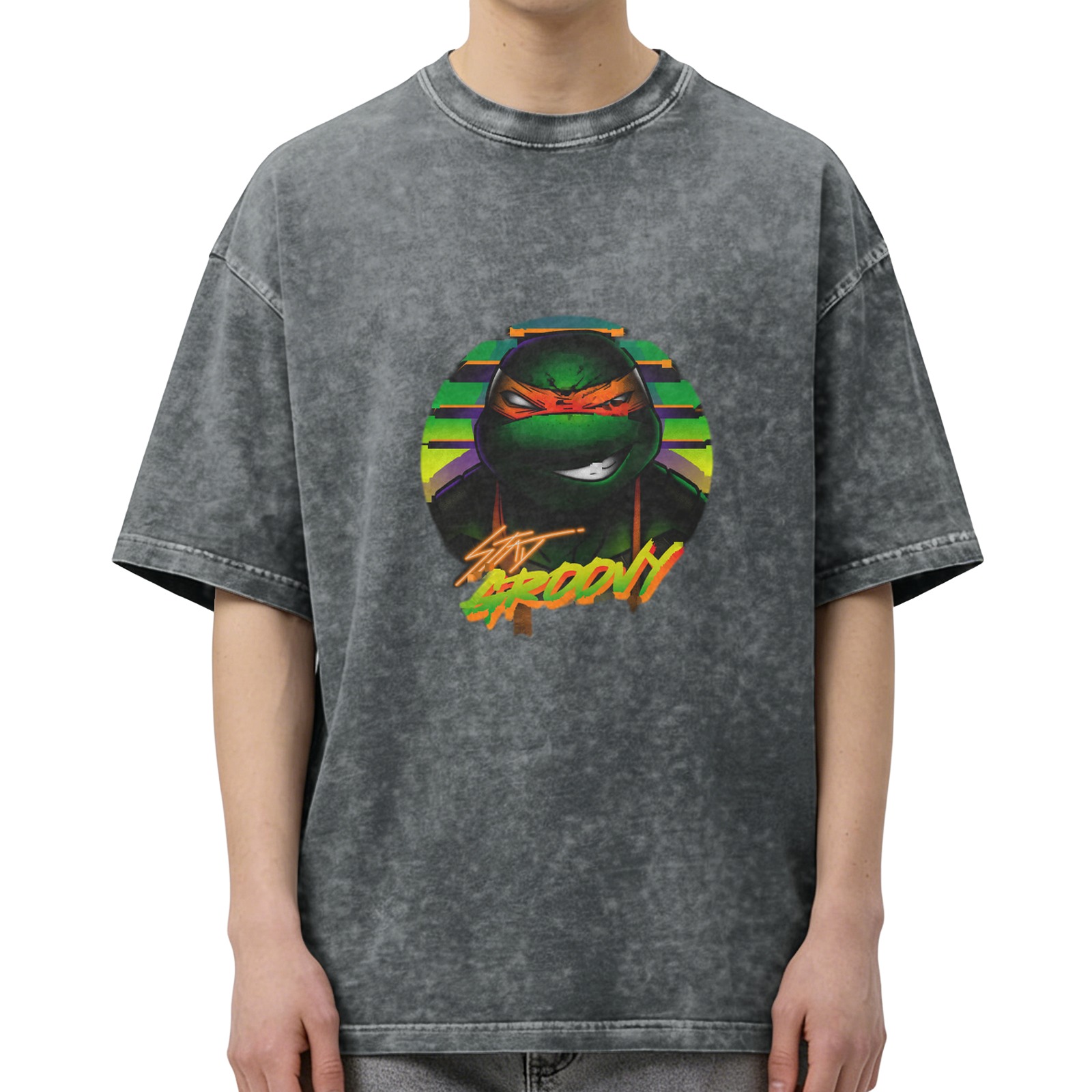 Oversized Dark Wash T-Shirt with Retro Teenage Mutant Ninja Turtle Graphic