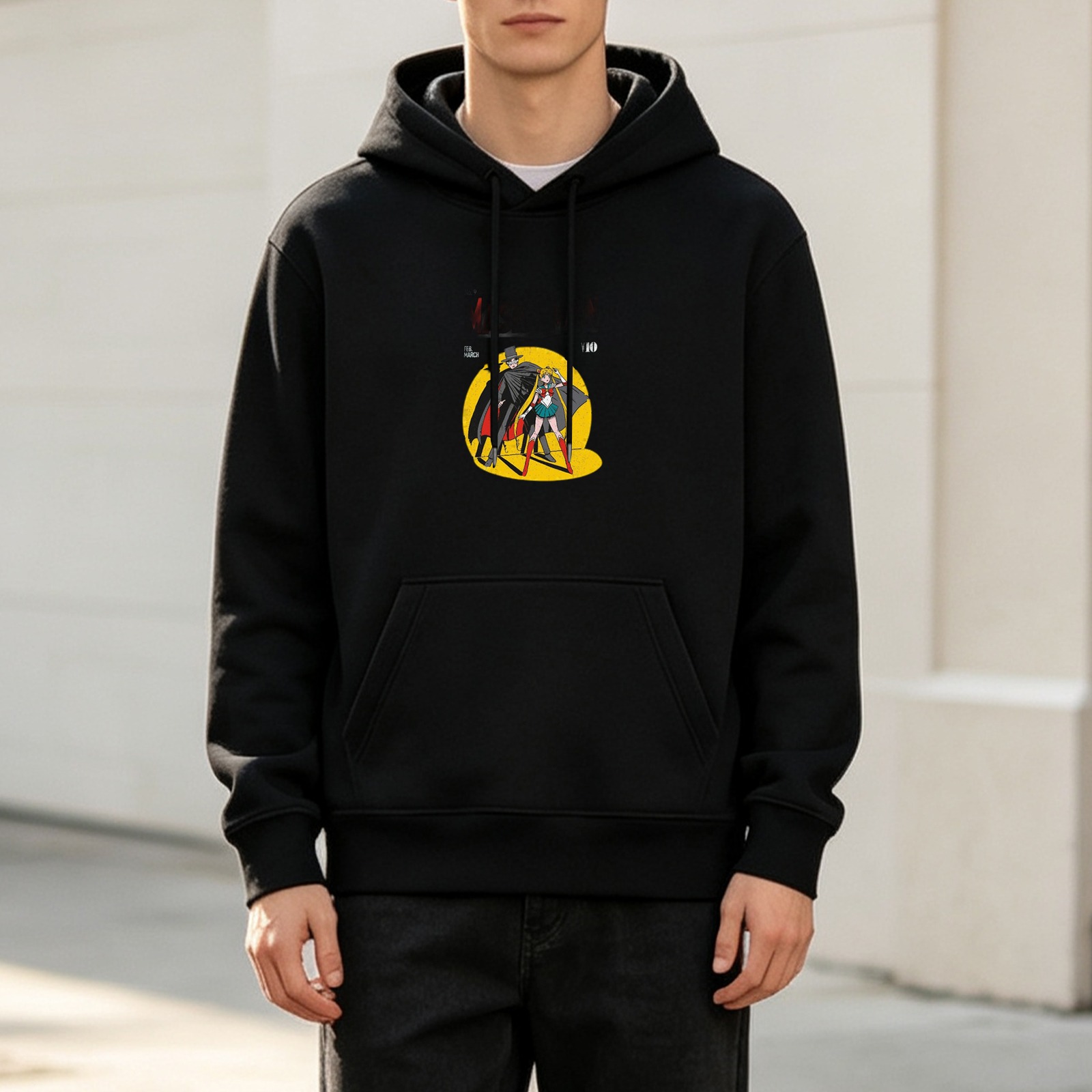Black hoodie with anime-style masked characters graphic