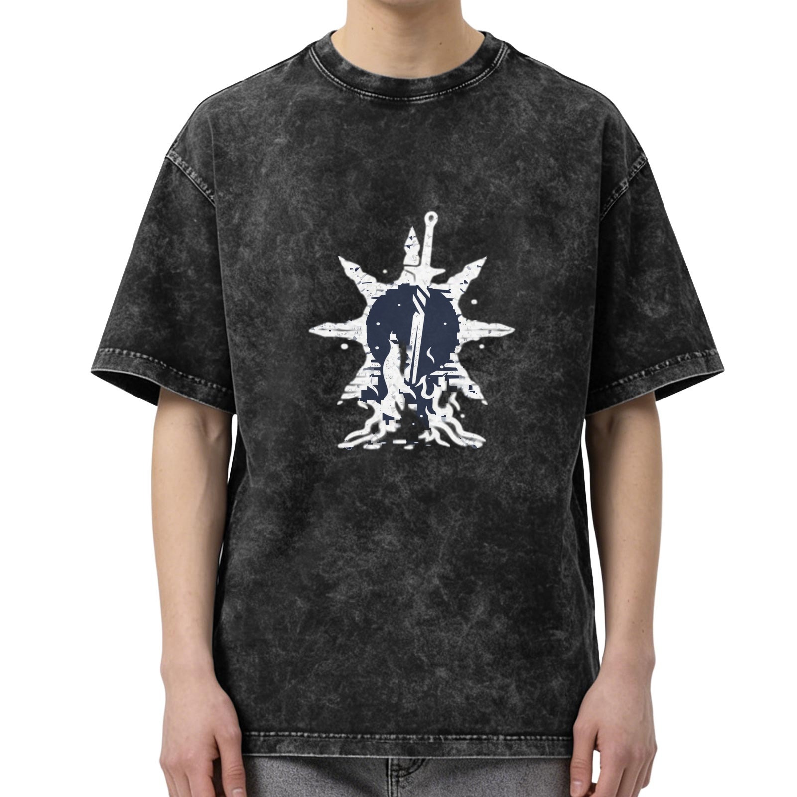 Distressed washed black loose short-sleeved T-shirt with fantasy style sword and star pattern