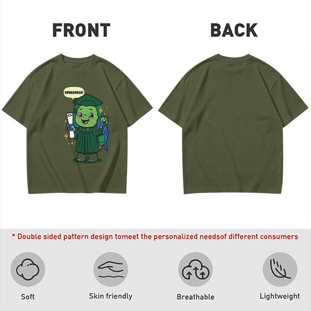 Olive T-shirt with Graduation Turtle Saying Cowabunga