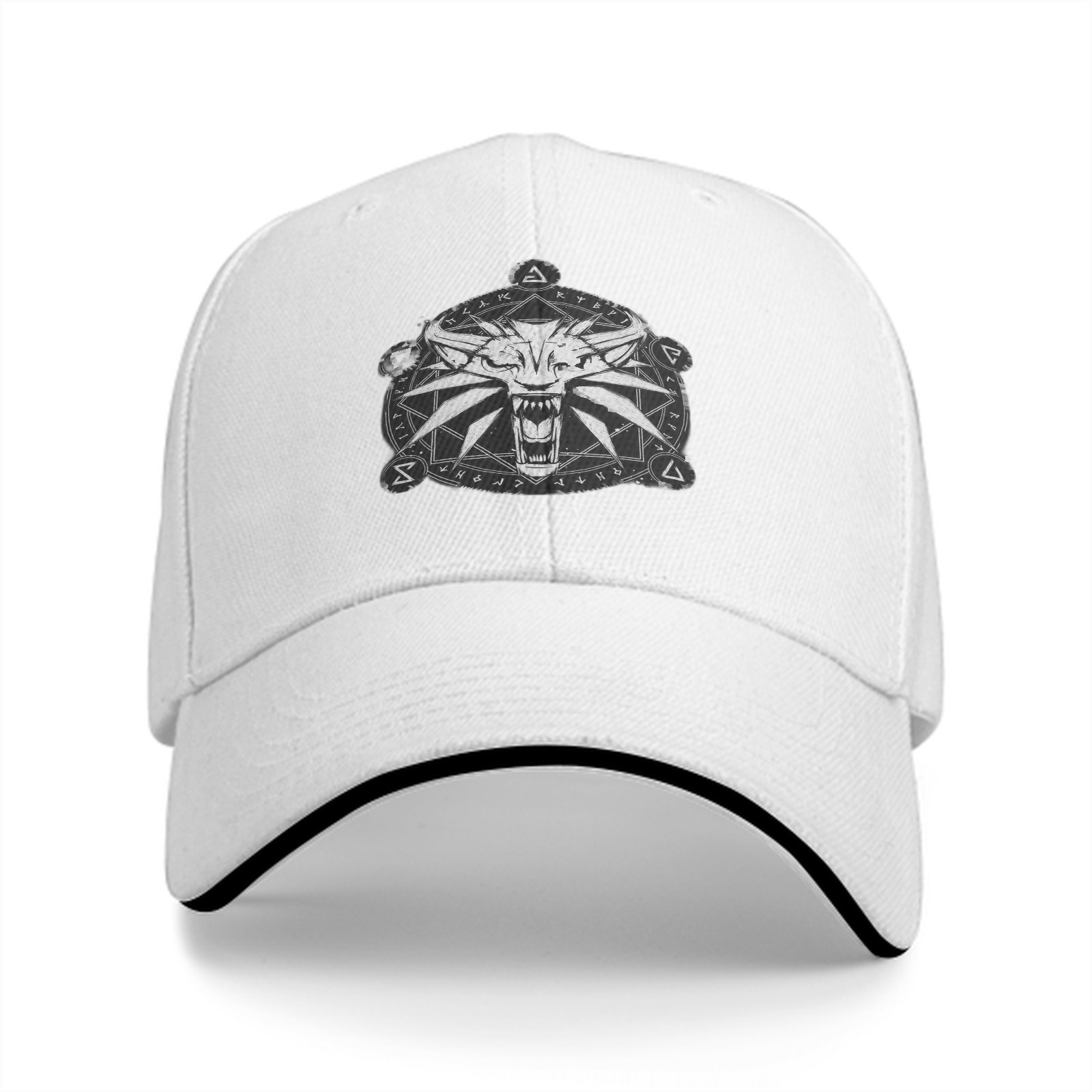 Black Baseball Cap With Witcher Wolf Medallion Print