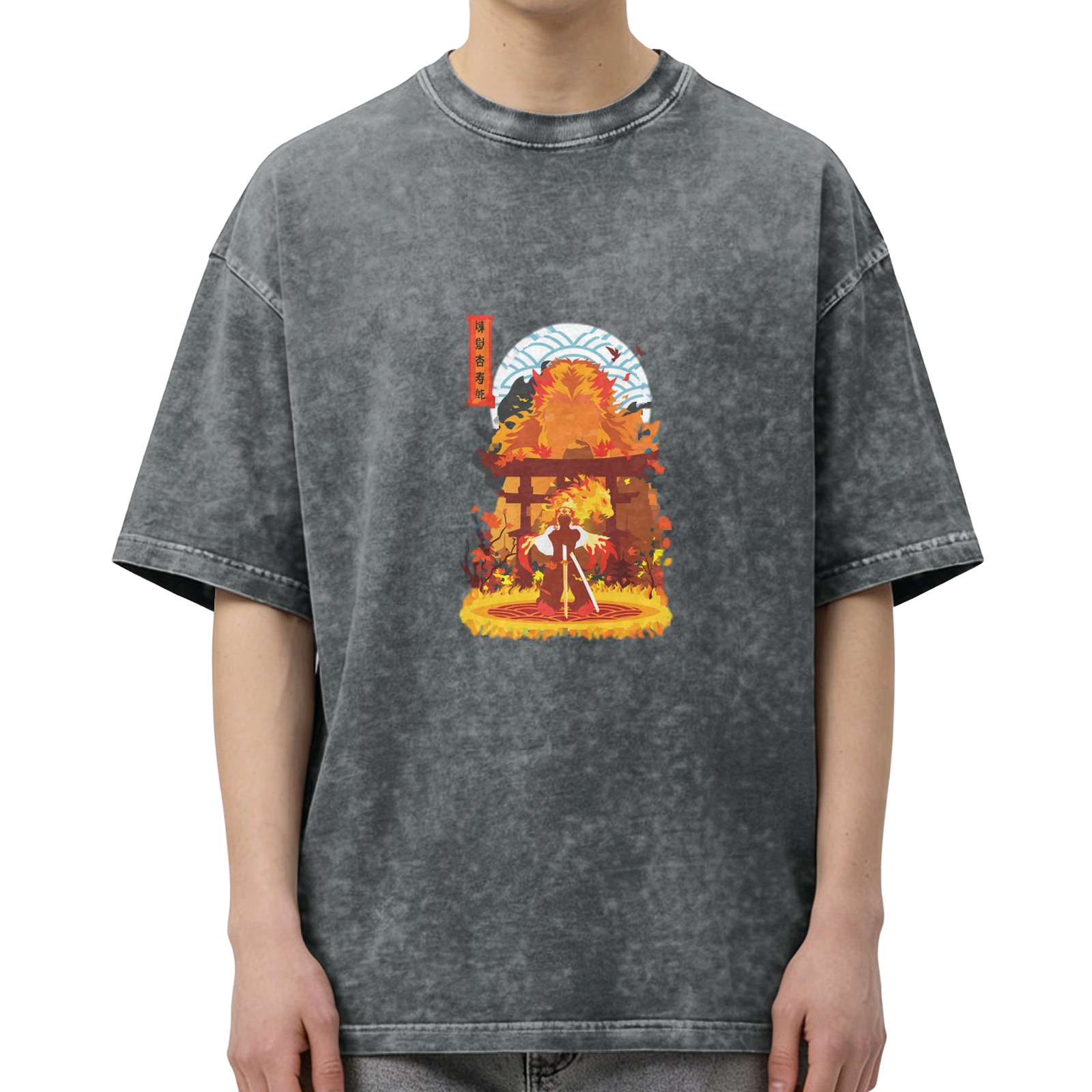 Distressed washed black flame warrior graphic short-sleeved T-shirt