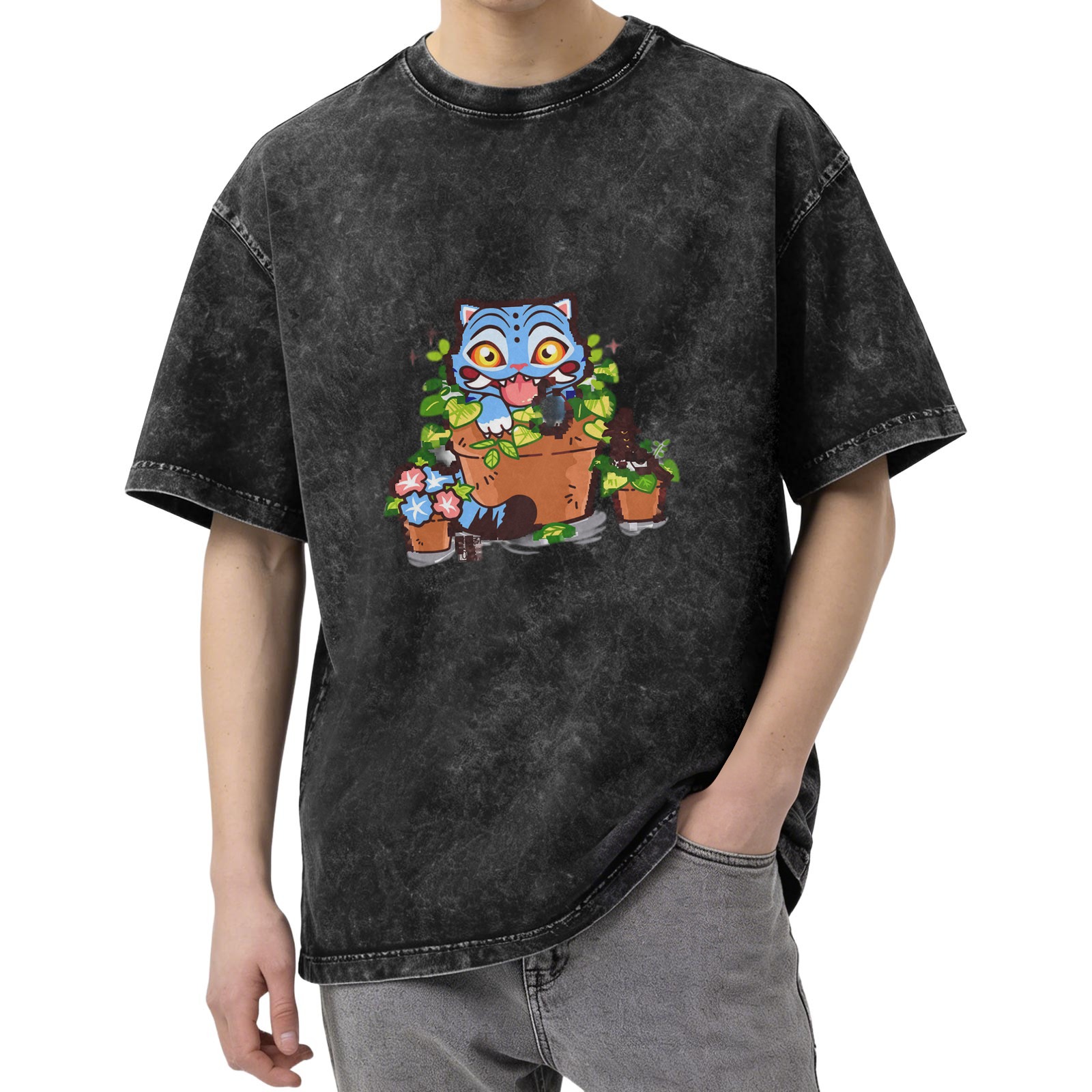 Washed black oversized t-shirt with playful blue cat in plant pots graphic