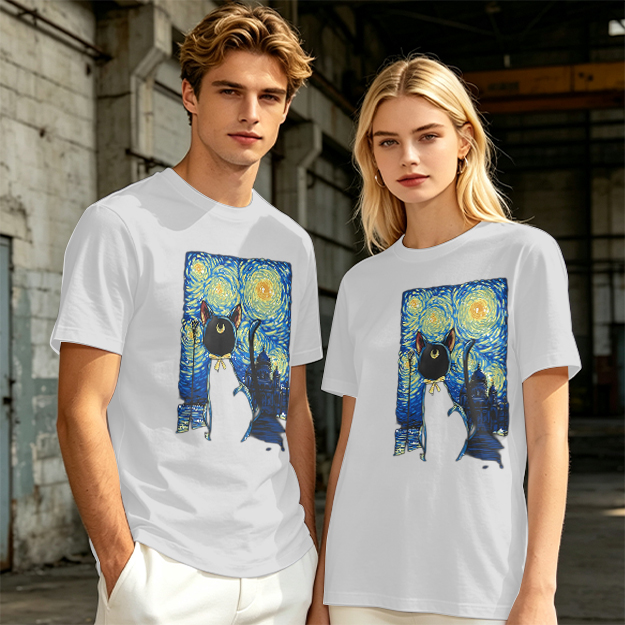 Olive T-Shirt with Starry Night Cat Art Print