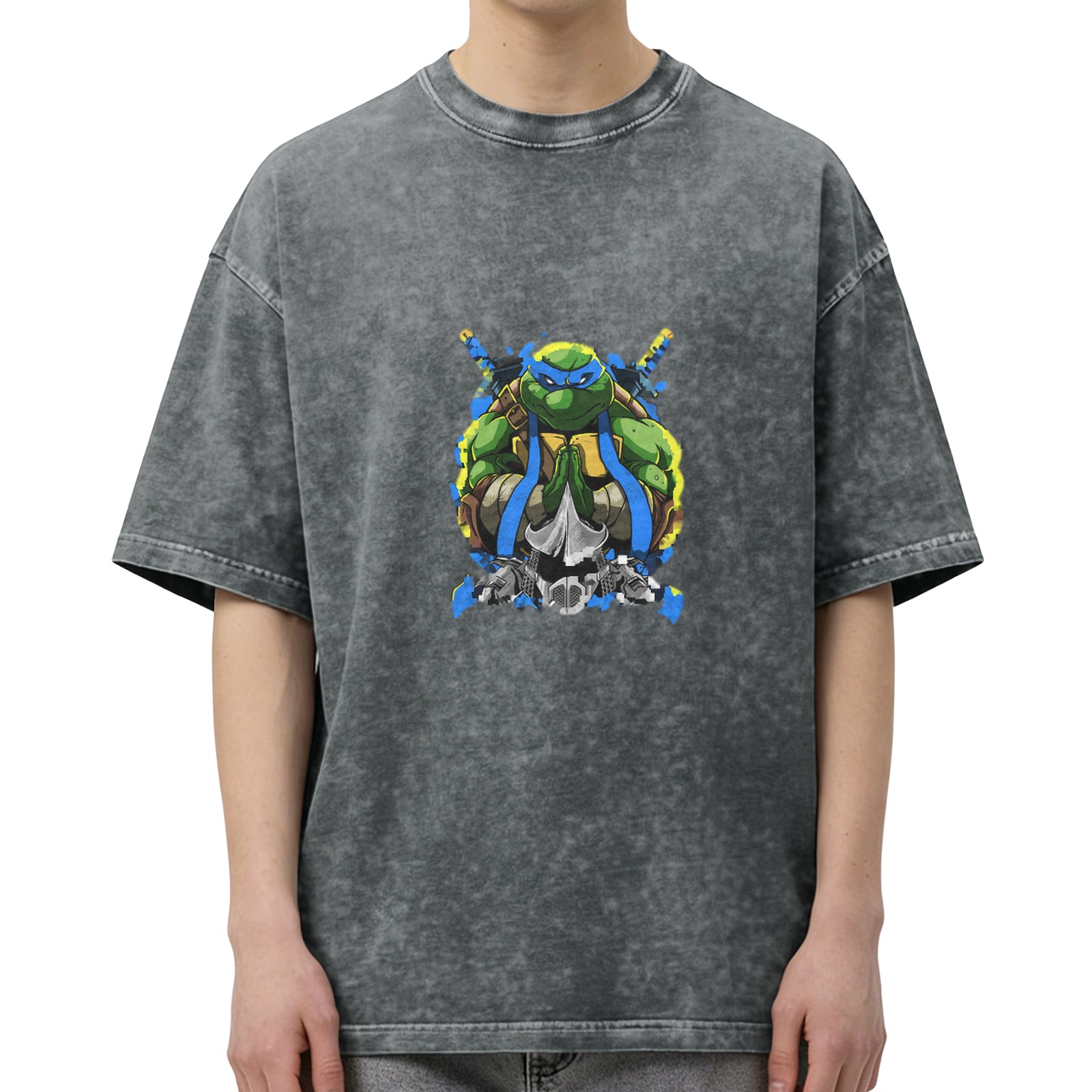 Washed Black T-Shirt with Blue Mask Ninja Turtle Graphic