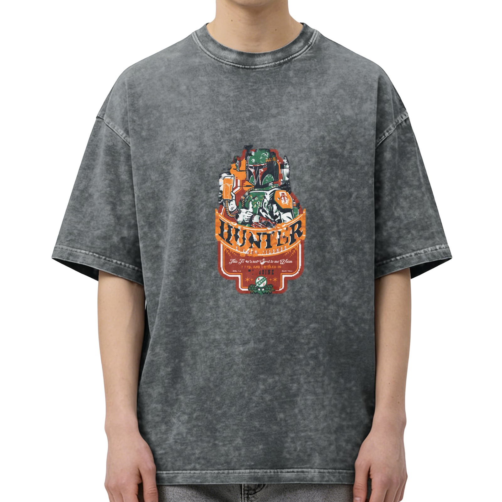 Distressed black short-sleeved T-shirt, bounty hunter themed print, loose casual crew neck top