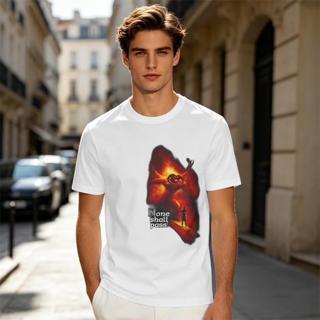 Olive T-Shirt with 'None Shall Pass' Fire Demon Graphic