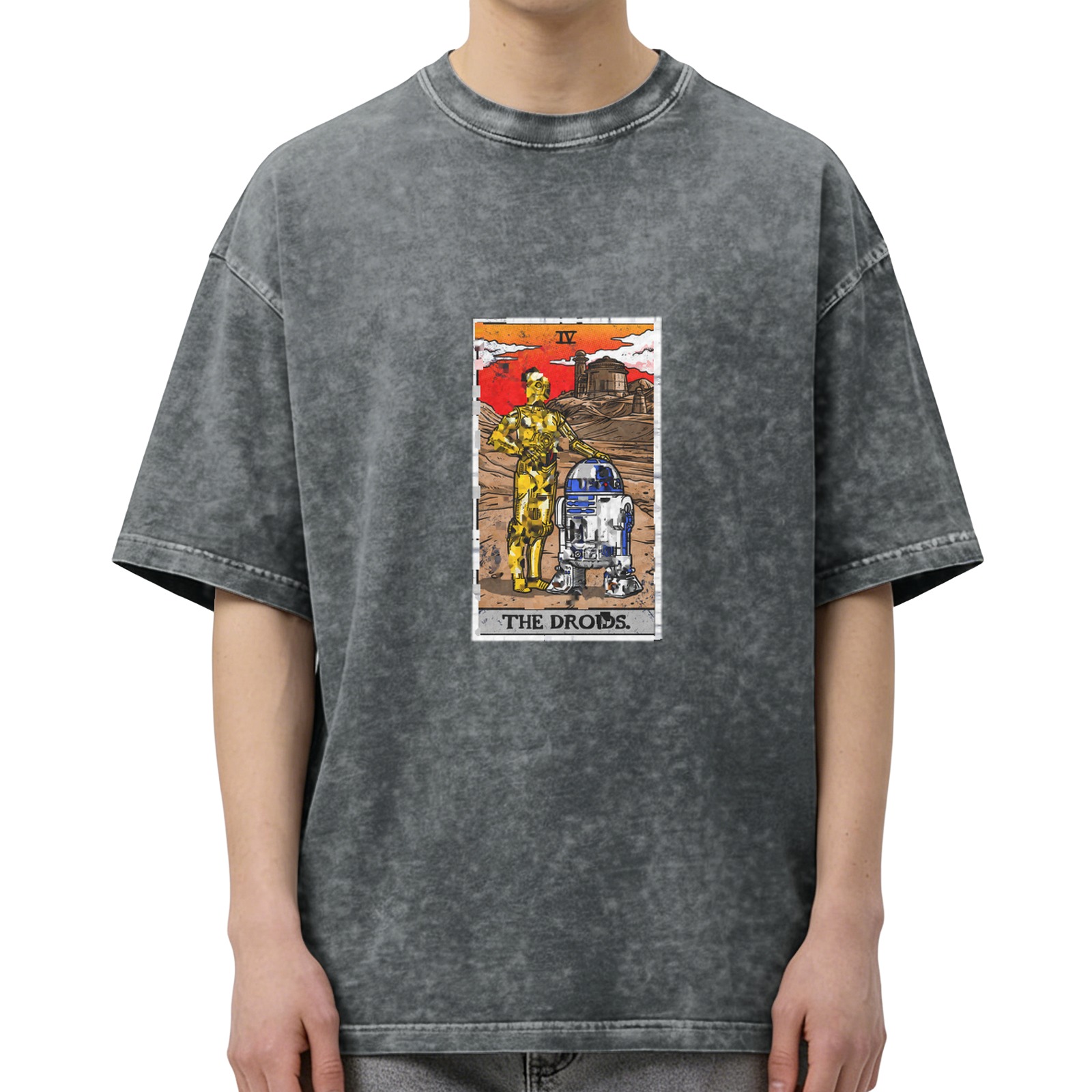 Star Wars The Droids Tarot Card Graphic Oversized Stone Wash T-Shirt