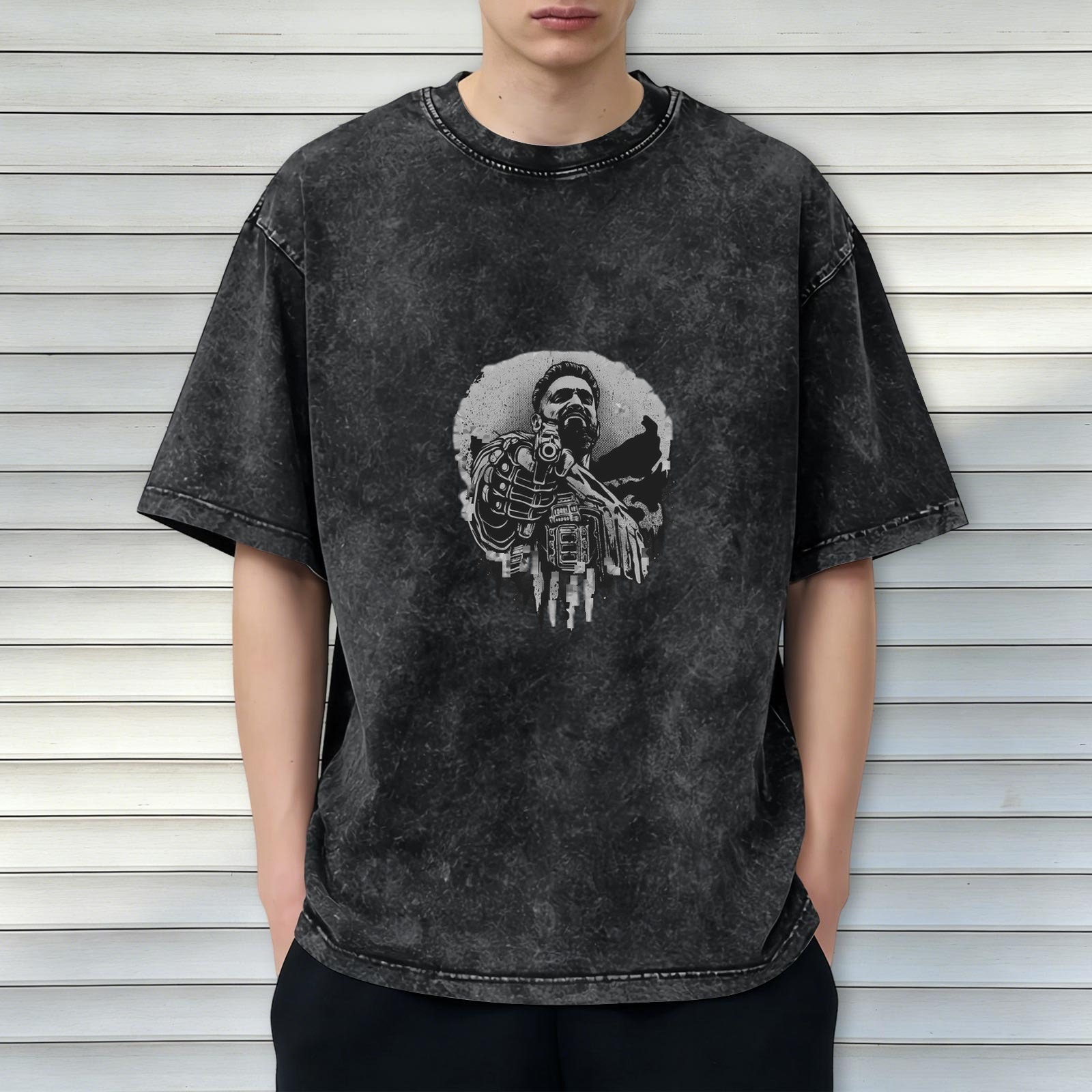 Washed Black Graphic T-Shirt With Bearded Warrior Skull Print