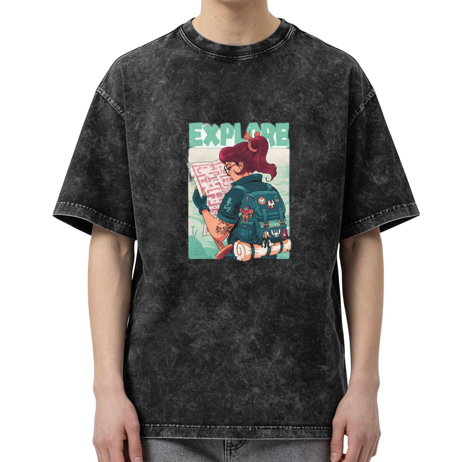 Oversized dark wash graphic tee with explore-themed adventurer print