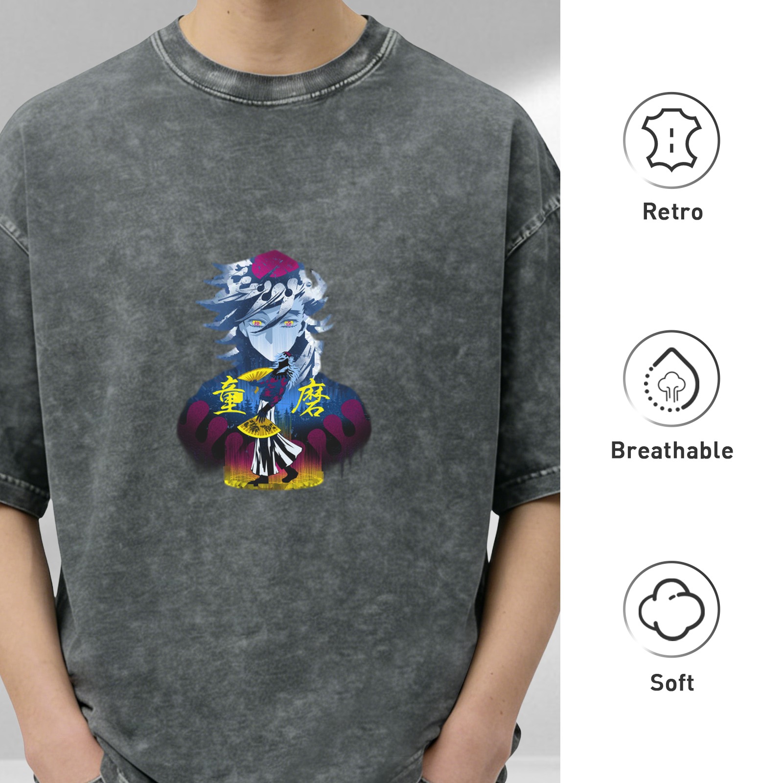 Oversized dark wash anime graphic t-shirt with demon character print