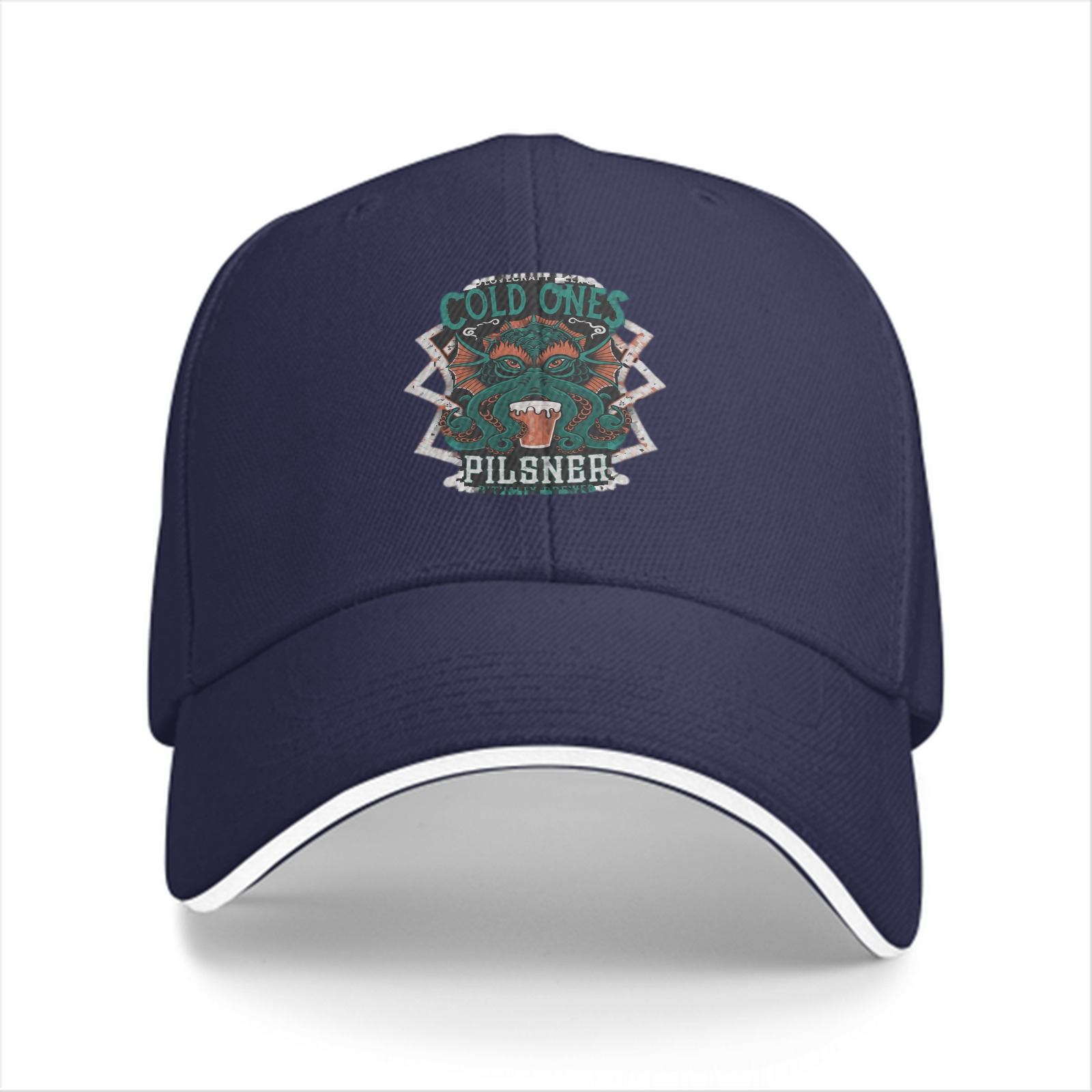 Black baseball cap with Cold Ones Pilsner Cthulhu graphic