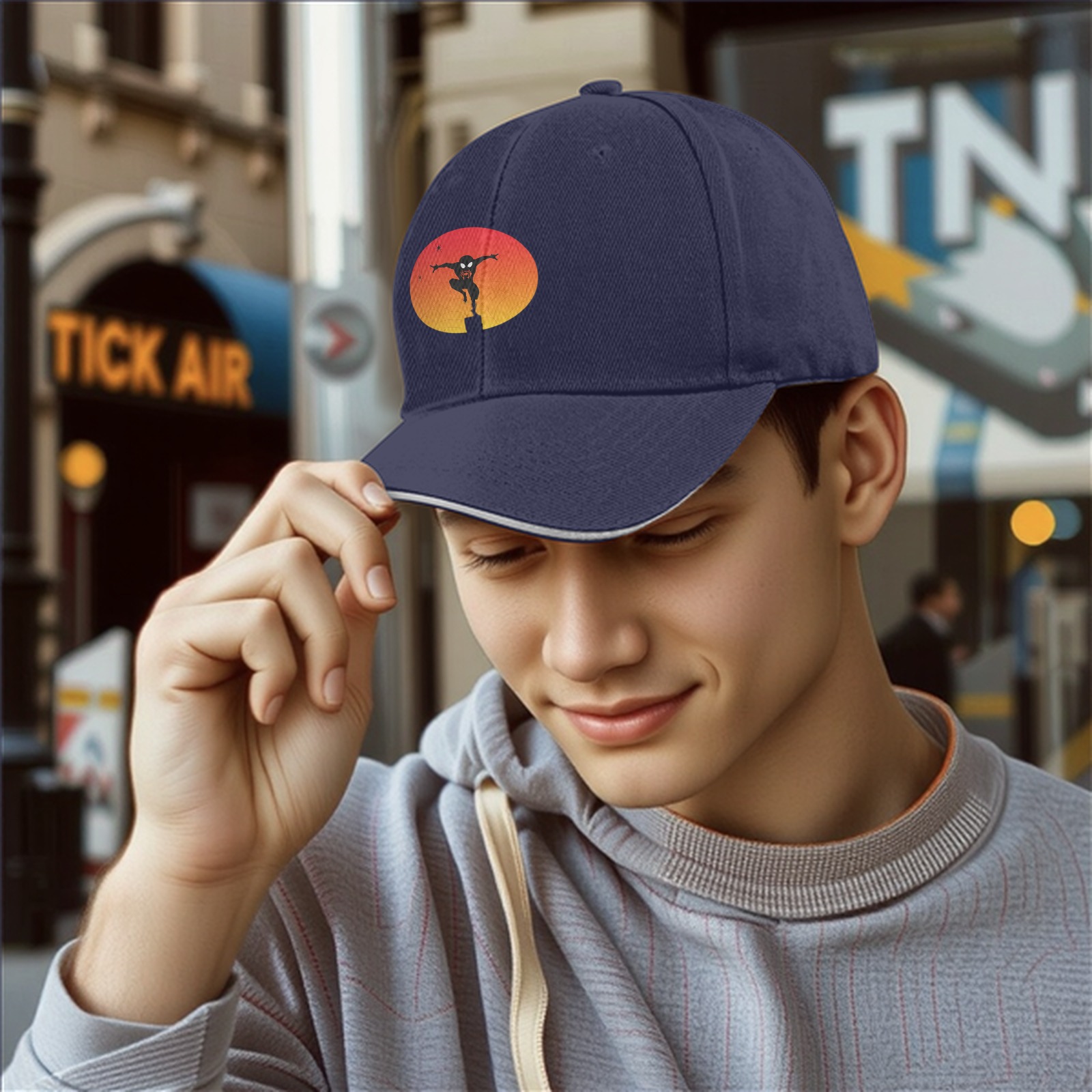 Black Baseball Cap With Ninja Silhouette Sunset Graphic