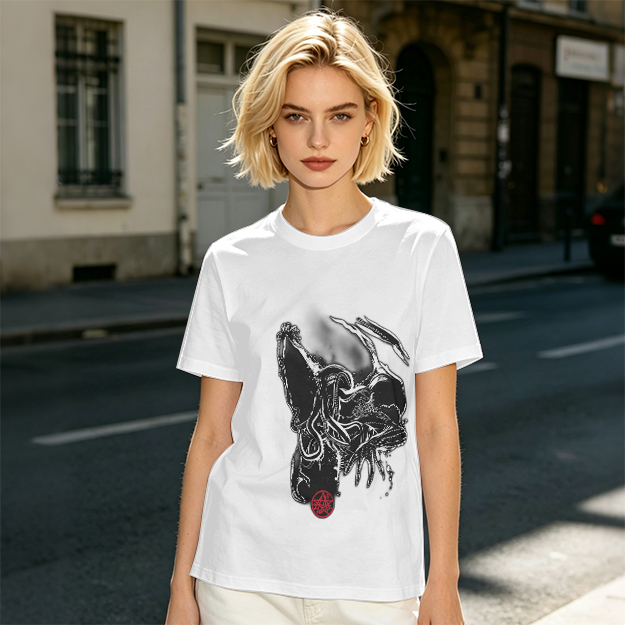 Olive T-Shirt With Dark Abstract Tentacle Creature Print