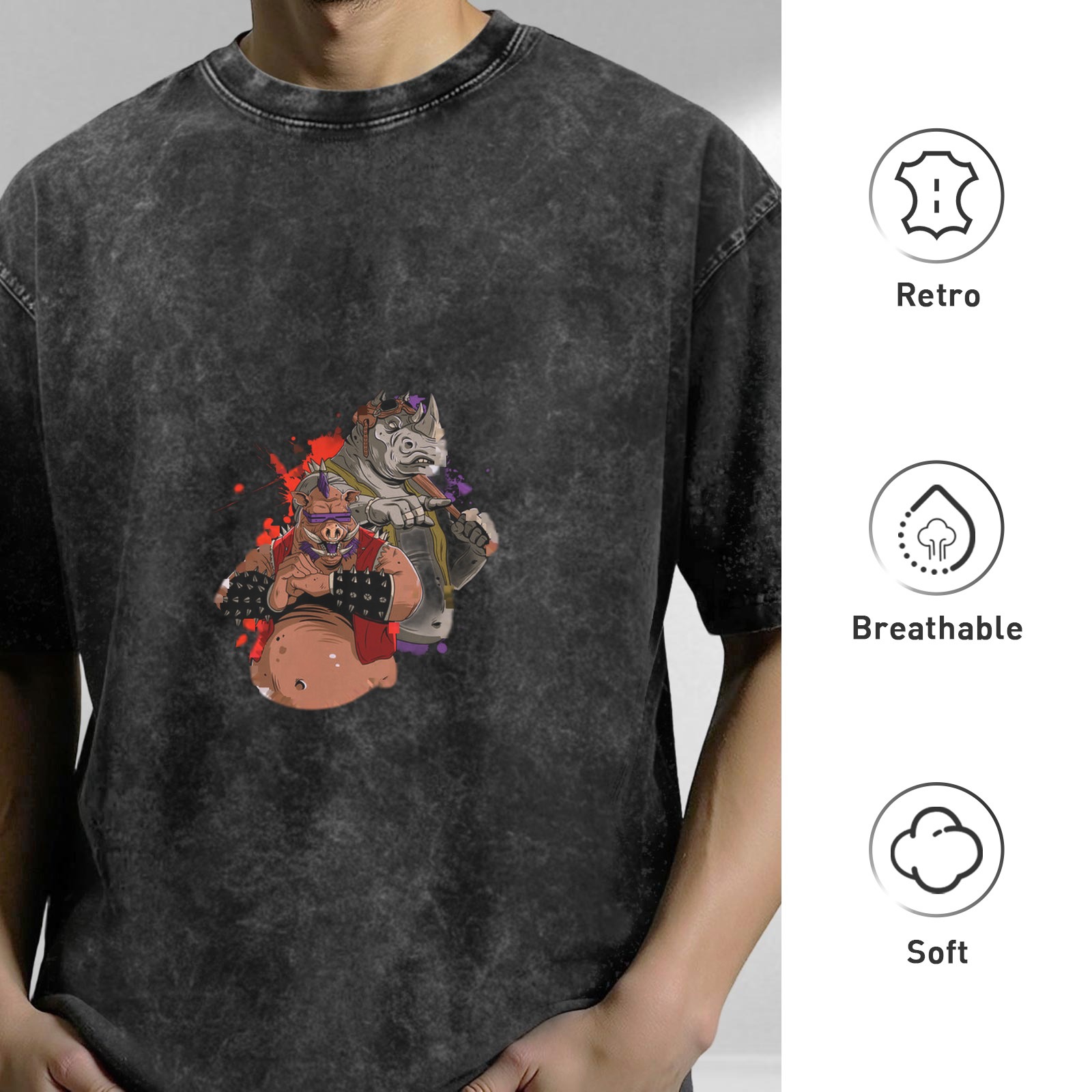 Washed Black Oversized T-Shirt With Bebop And Rocksteady Graphic