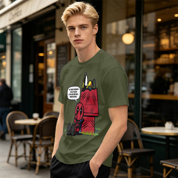 Olive t-shirt with Deadpool and Snoopy mashup graphic