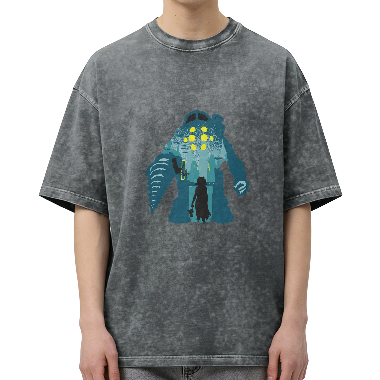 Washed Black Oversized T-Shirt with Underwater Monster and Girl Graphic