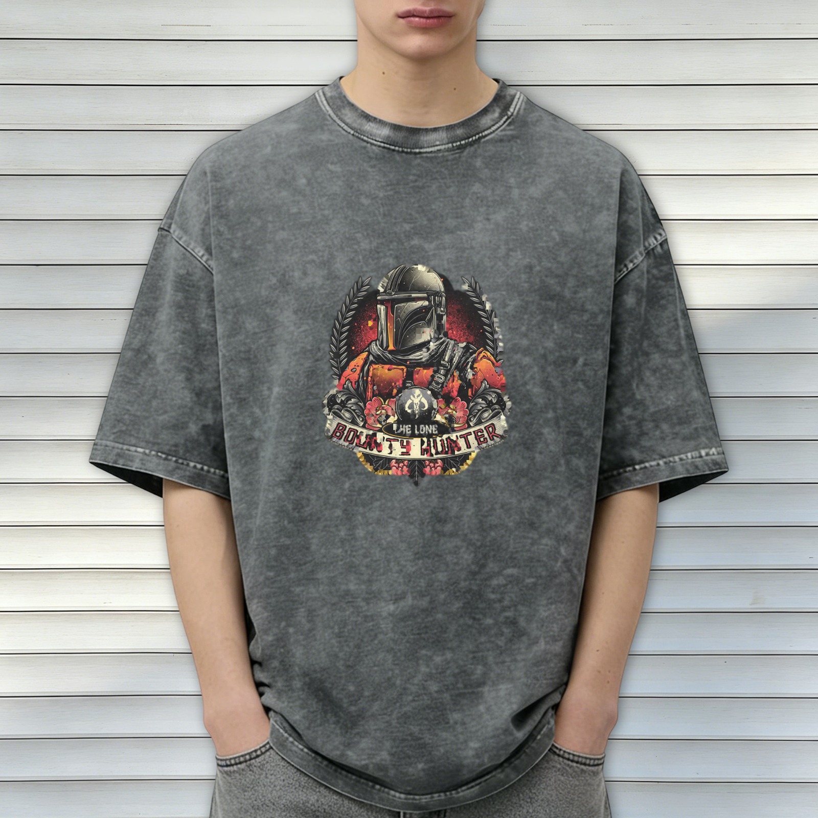 Washed Black T-Shirt with Lone Bounty Hunter Graphic