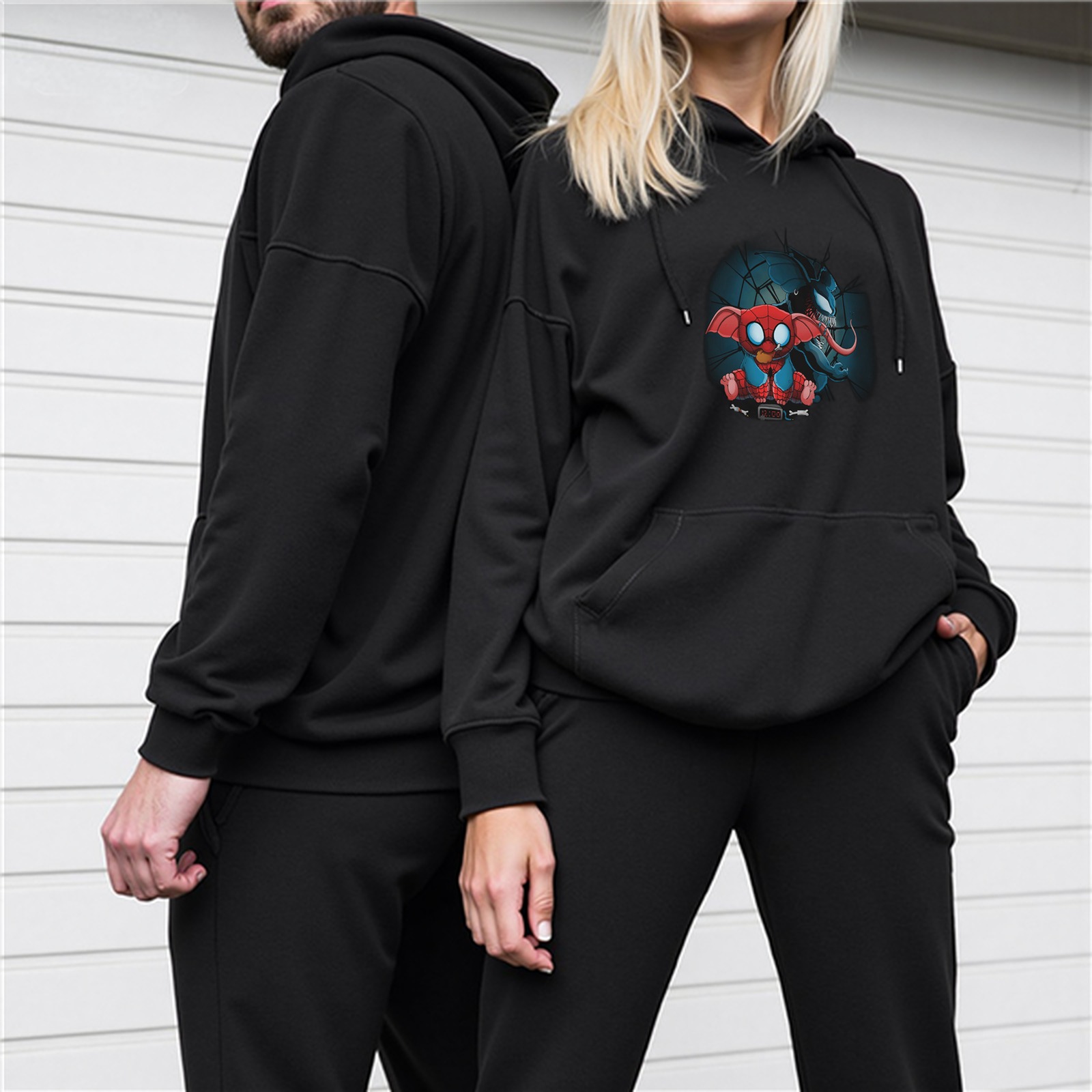 Black hoodie with cartoon elephant superhero graphic print