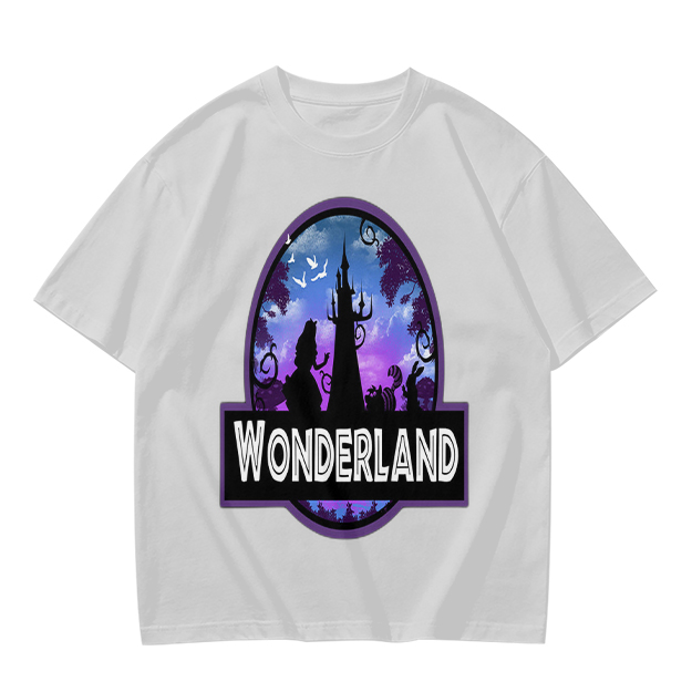 Olive green t-shirt with Wonderland fantasy castle graphic print