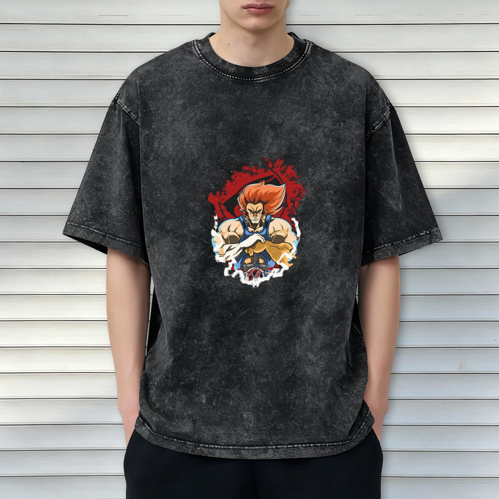 Vintage Washed T-Shirt with Retro Anime Lion Character Graphic