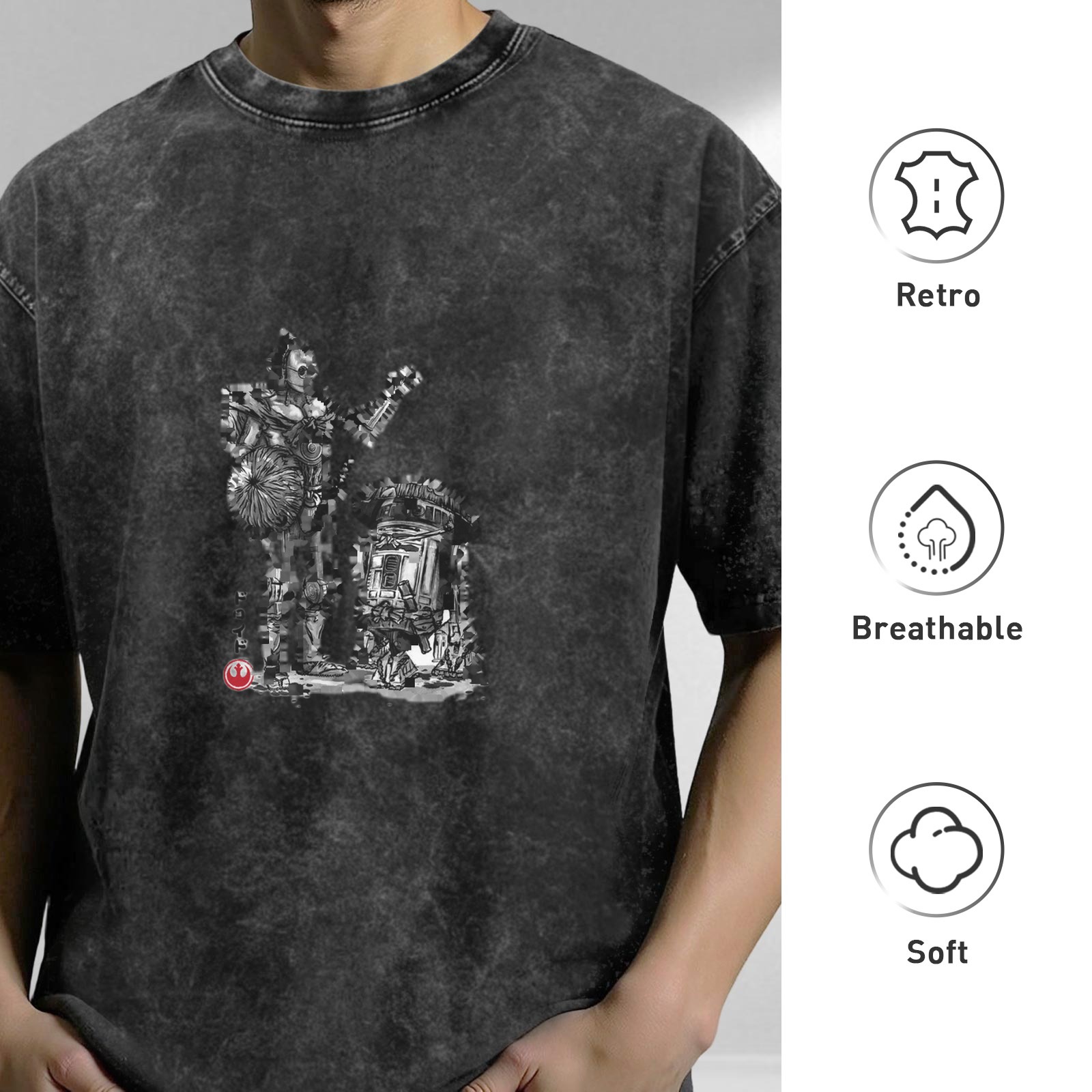 Distressed black and gray printed short-sleeved T-shirt Star Wars themed robot pattern casual top