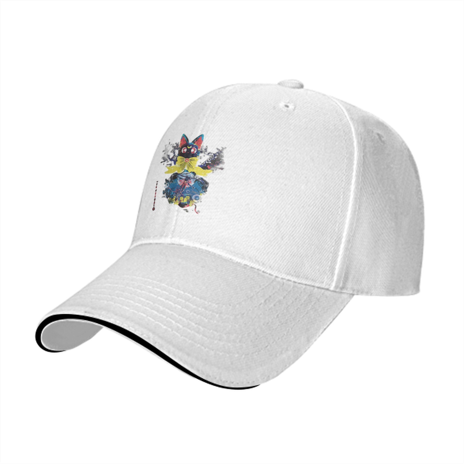 Black Baseball Cap With Anime Black Cat Graphic Print