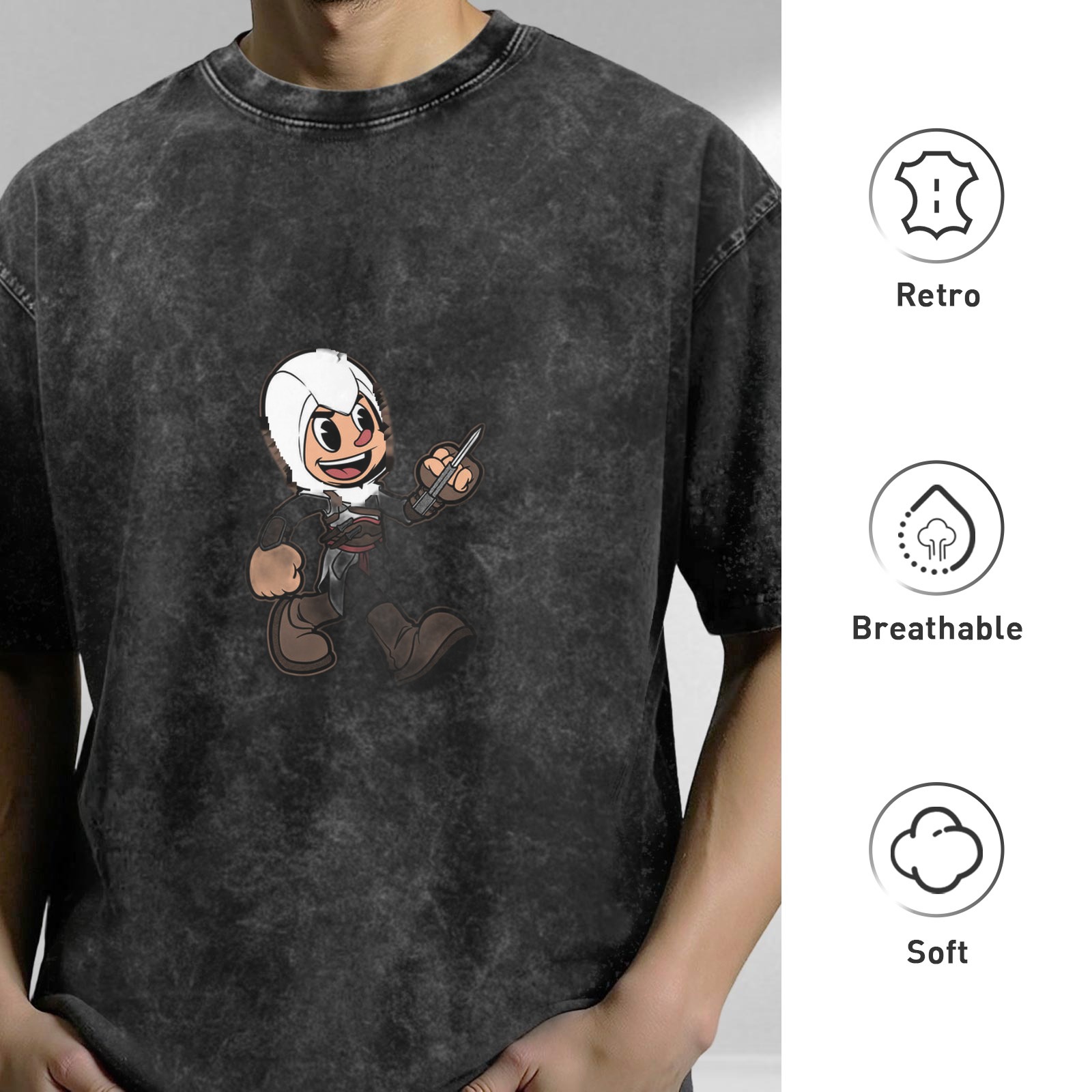 Oversized Acid Wash T-Shirt With Cartoon Assassin Print