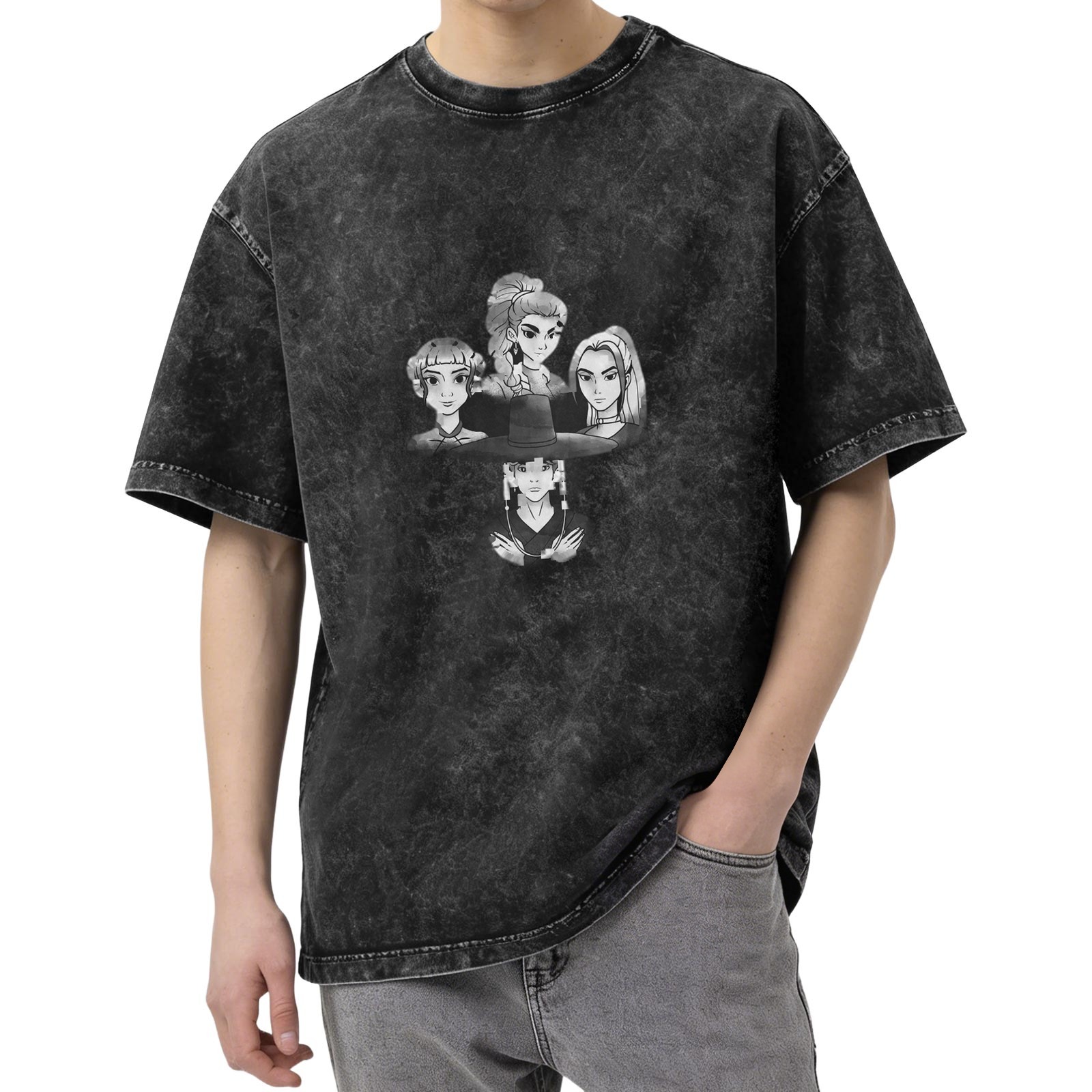 Washed black graphic t-shirt with anime character portraits