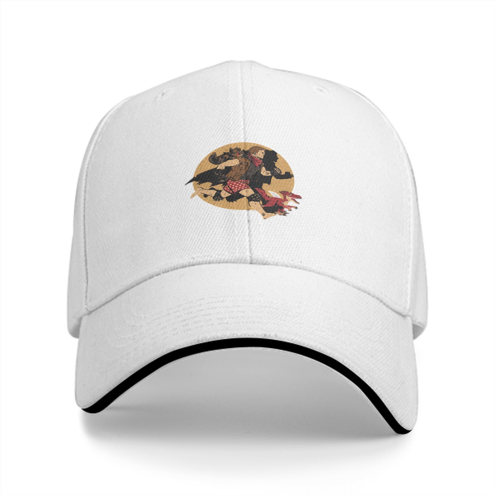 Black baseball cap with running fantasy character graphic print