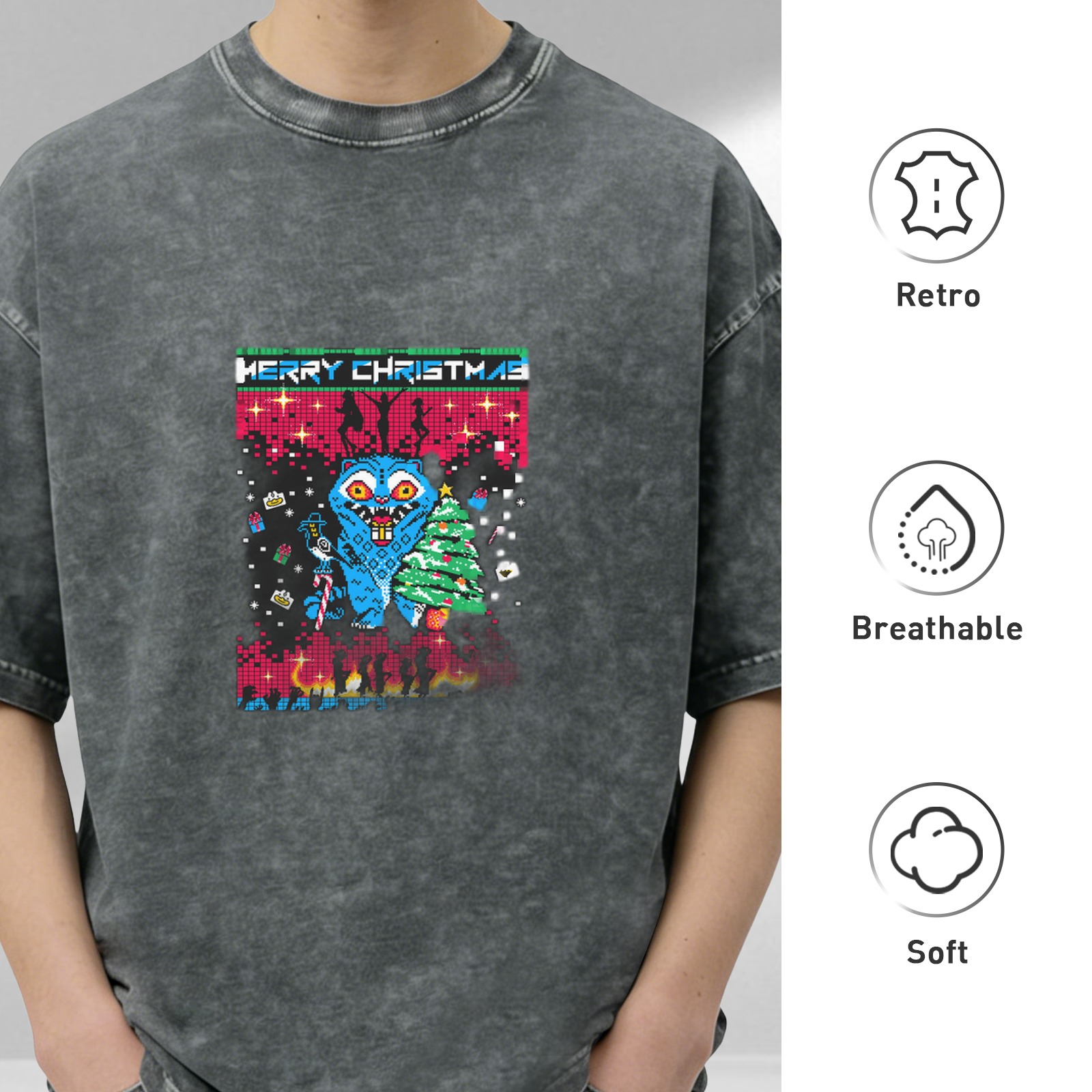 Oversized Acid Wash T-Shirt With Pixel Art Christmas Monster Print